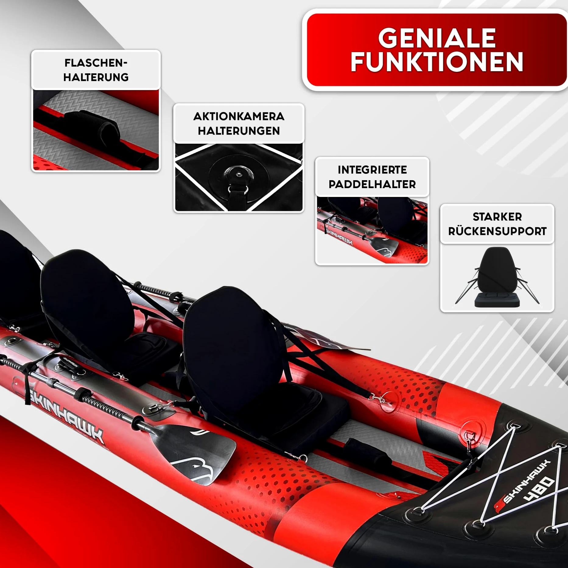 SKINHAWK Exclusivo juego de kayak rojo 480 – bote inflable – canoa – 480 x 96 cm – kayak para 3 personas