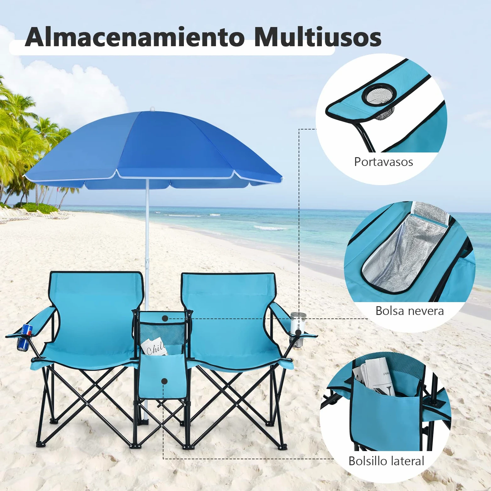 COSTWAY 2 Sillas de Camping con Sombrilla, Sillas Playas Plegables Doble, Portavasos, Bolsa Nevera, Bolsilla Lateral, Bolsa de Transporte, Exterior Picnic Senderismo Barbacoa, 160x56x178cm (Verde)