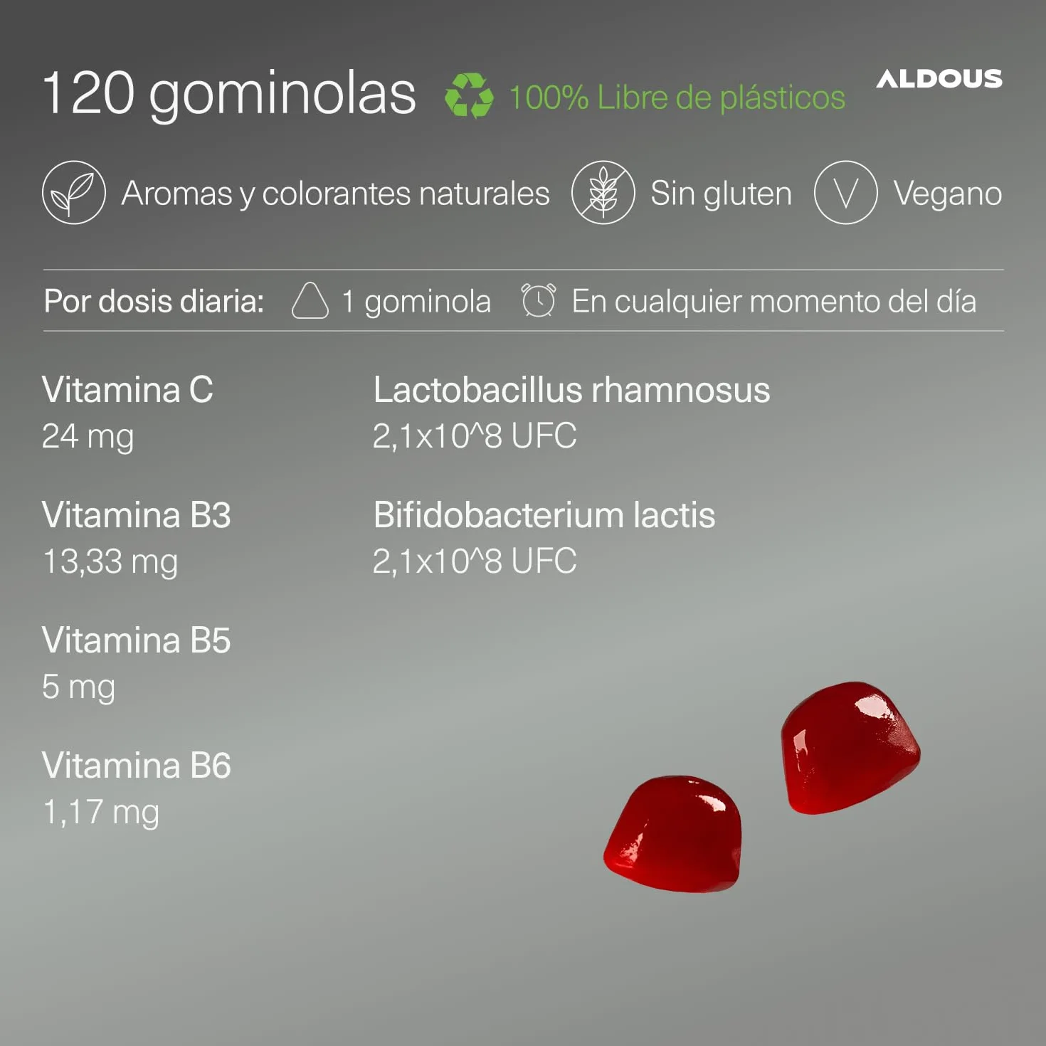 ALDOUS Probióticos Intestinales Gominolas 120 Gummies Sabor Natural Mora Flora Intestinal Bifidobacterium Lactobacillus