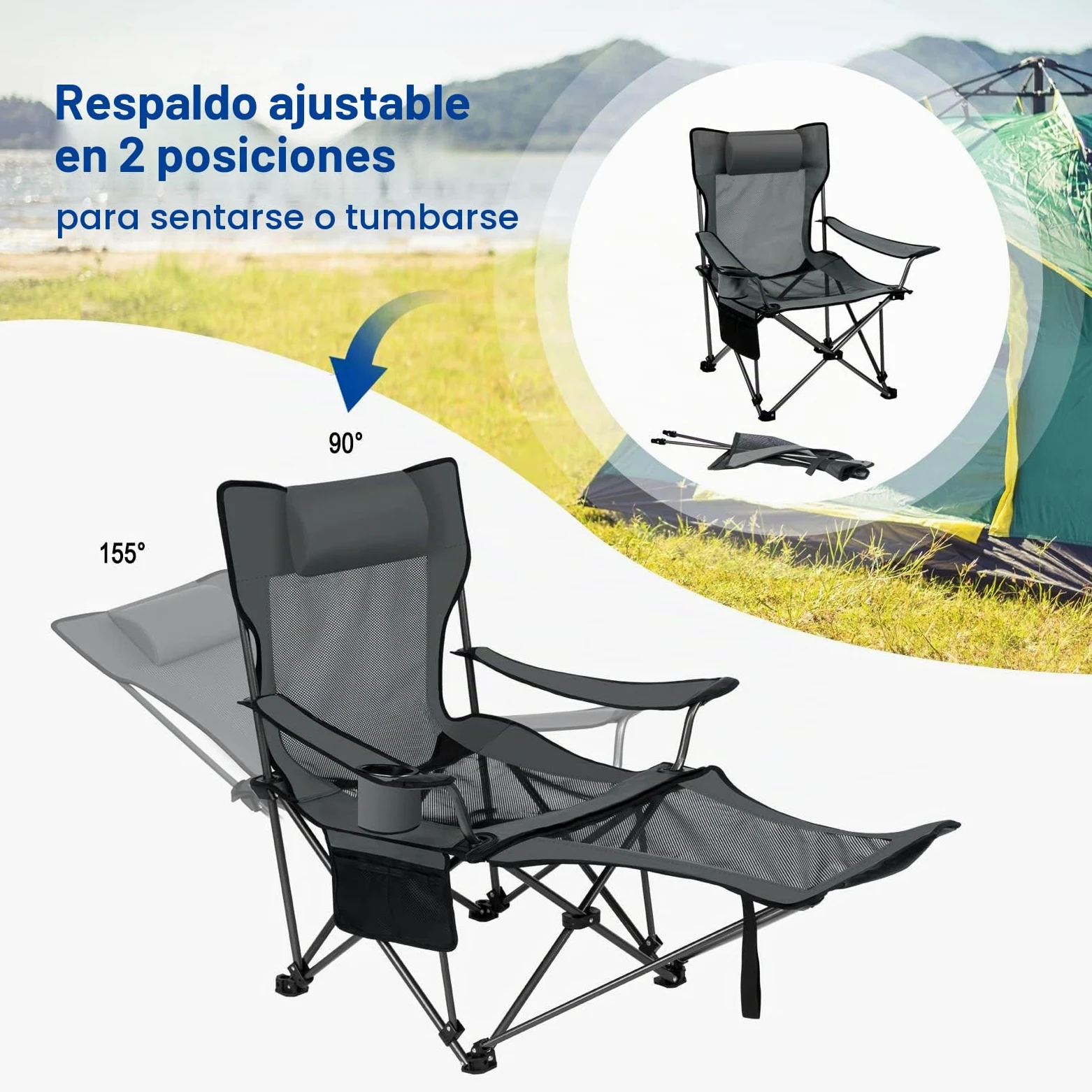 eSituro Silla de Camping Plegable Portátil con Respaldo Ajustable y Reposabrazos, para Pesca, Senderismo y Acampada (2, Gris)
