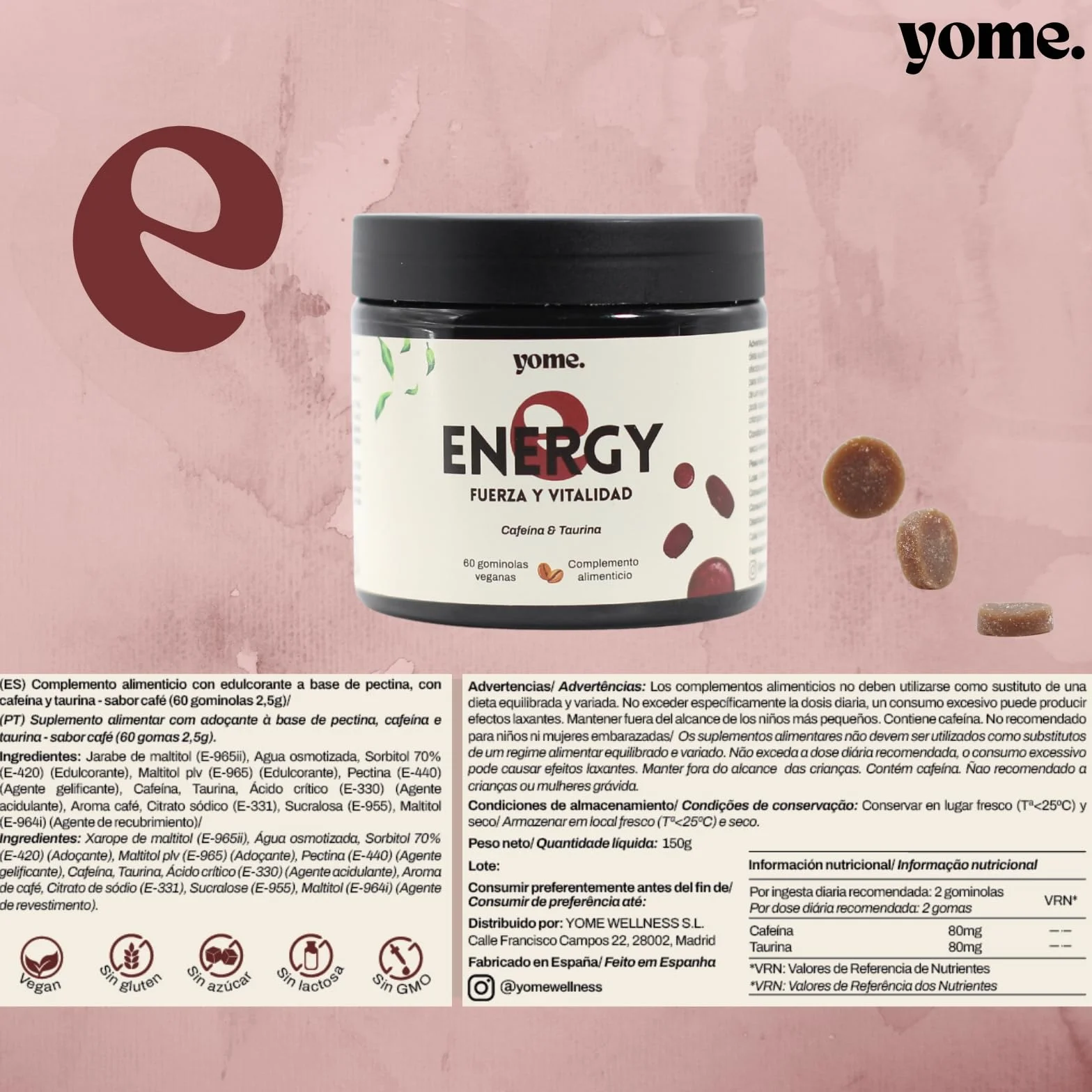 Gominolas de Cafeina y Taurina, Energia – 60 Gominolas Veganas – Sabor natural Cafe - Sin Azucar