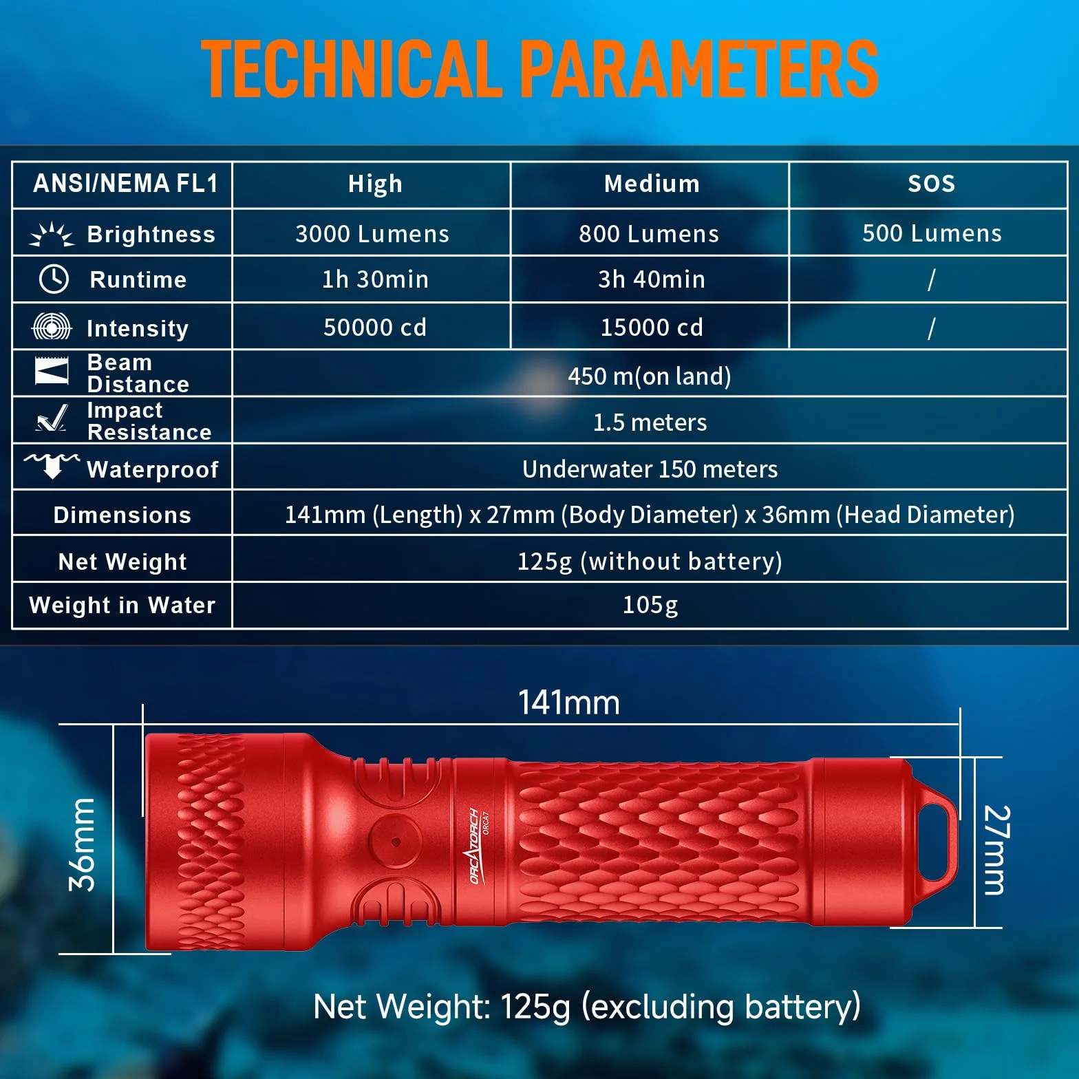 ORCATORCH ORCA7 Linterna Buceo,3000 Lúmenes Linterna de Buceo,Haz de 6° Linterna Submarina con SOS, Impermeable IP68 Hasta 150 m, Ideal para Buceo Nocturno,Exploración de Cuevas y Equipo Técnico(Rojo)