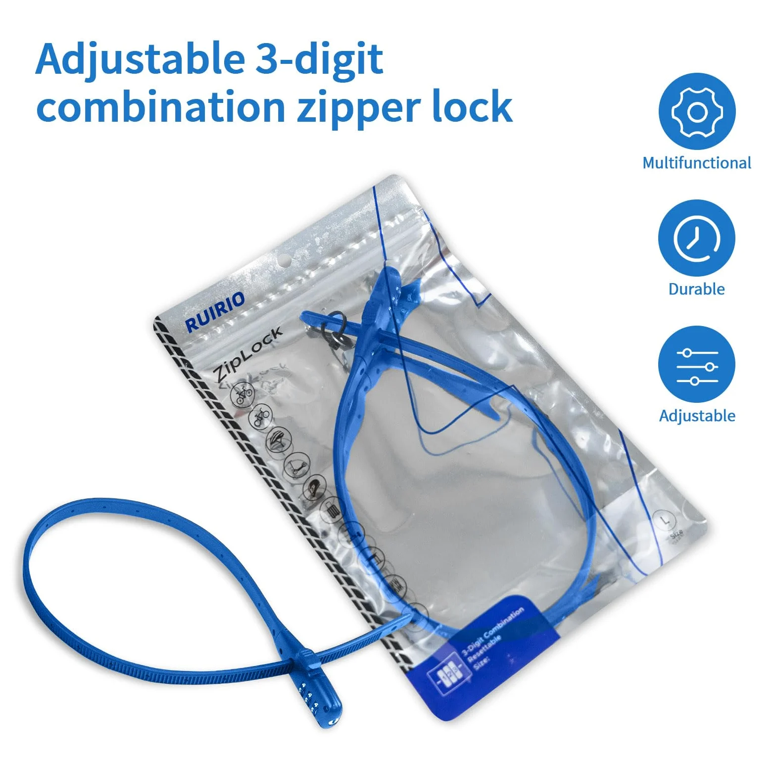 Cerradura de cable ajustable con cremallera para bicicleta, bicicleta eléctrica, bicicleta infantil, casco, nevera, scooter, armarios, cajones, puertas, vallas, paquete de 3 (azul)