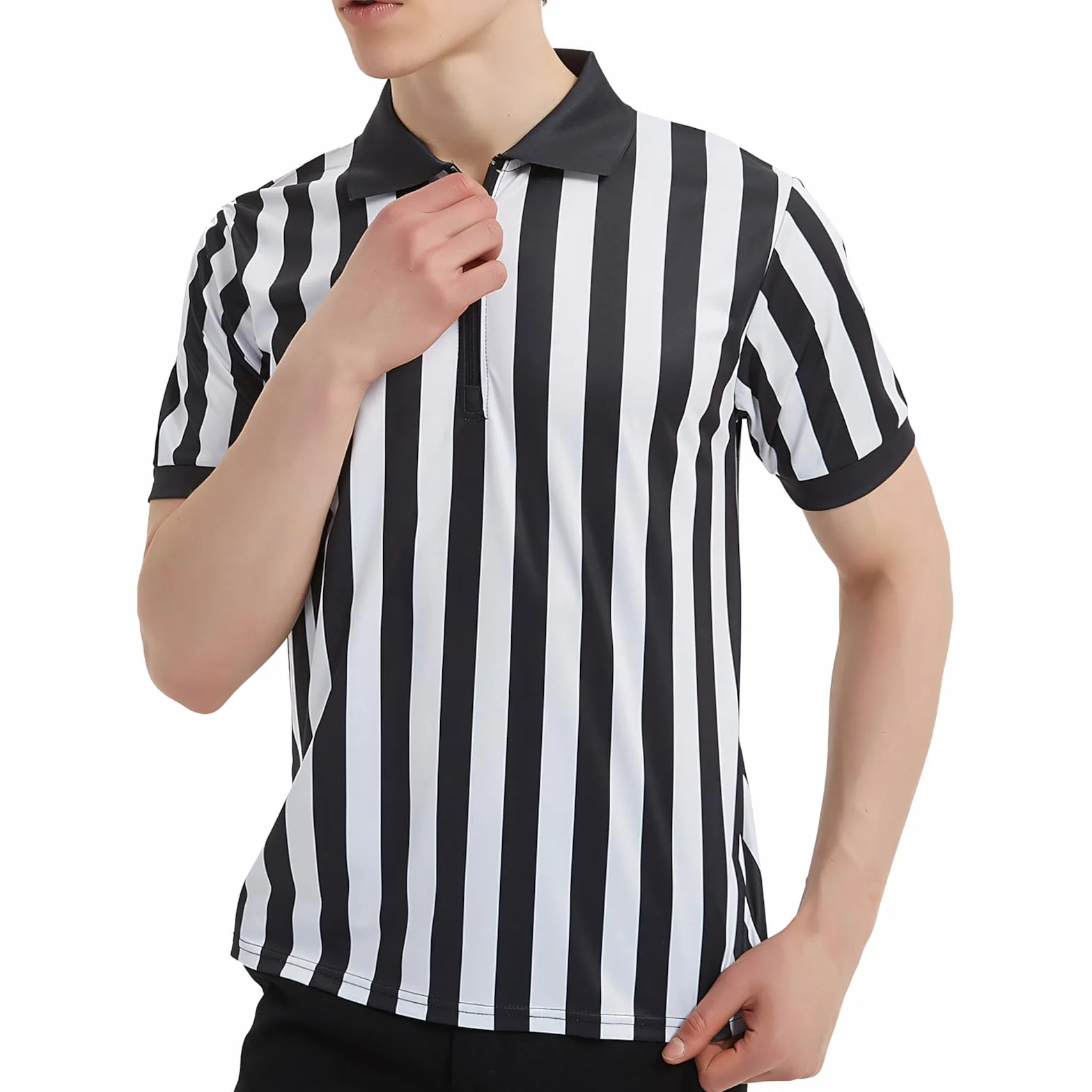TopTie Camisetas árbitro Disfraz árbitro Personaliza Camiseta Polo T-Shirts Manga Corta con Cremallera 1/4 Camiseta Rayas Negras y Blancas