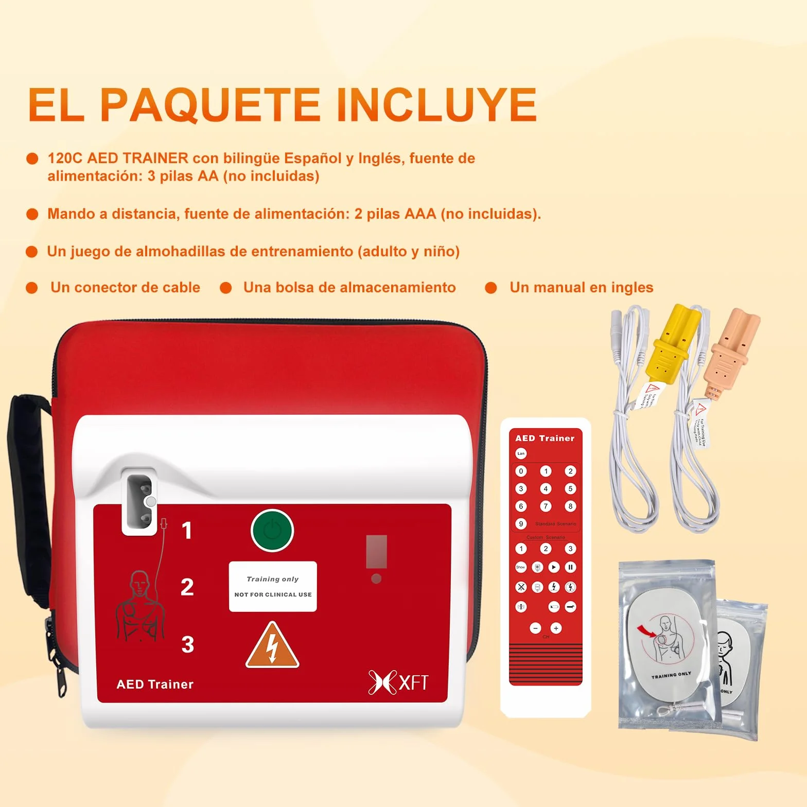 XFT-120C AED Trainer Portátil Desfibrilador de Entrenamiento Bilingüe Español Inglés Control Remoto 10 Escenarios