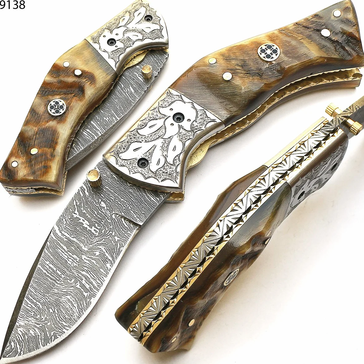 Cuchillo plegable navaja de bolsillo acero Damasco funda cuero artesanal forjado a mano