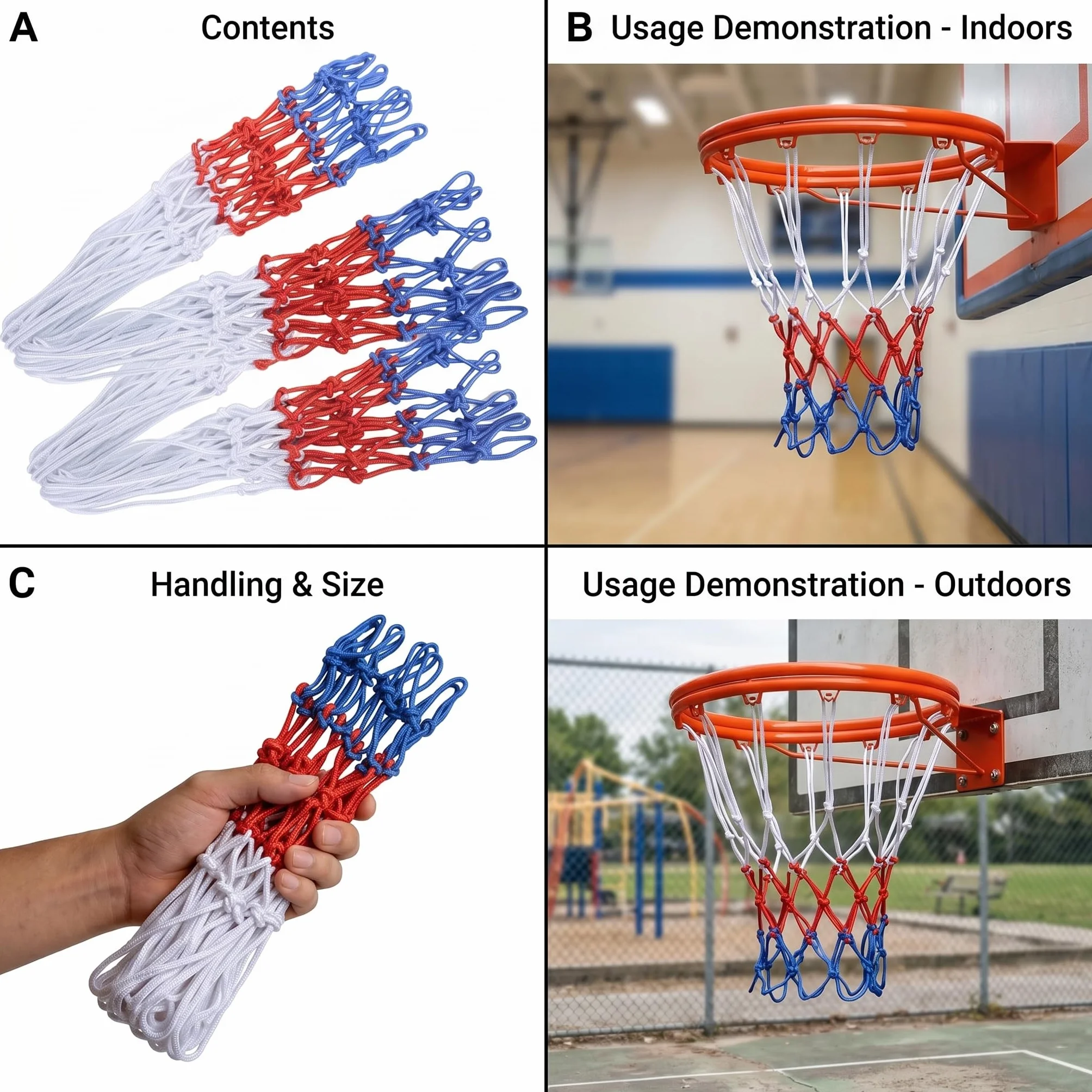 Red de Baloncesto Tricolor Blanco Azul Rojo Pack 4 Redes Aro Estándar 12 Lazos Poliéster Resistente para Interior Exterior Canasta