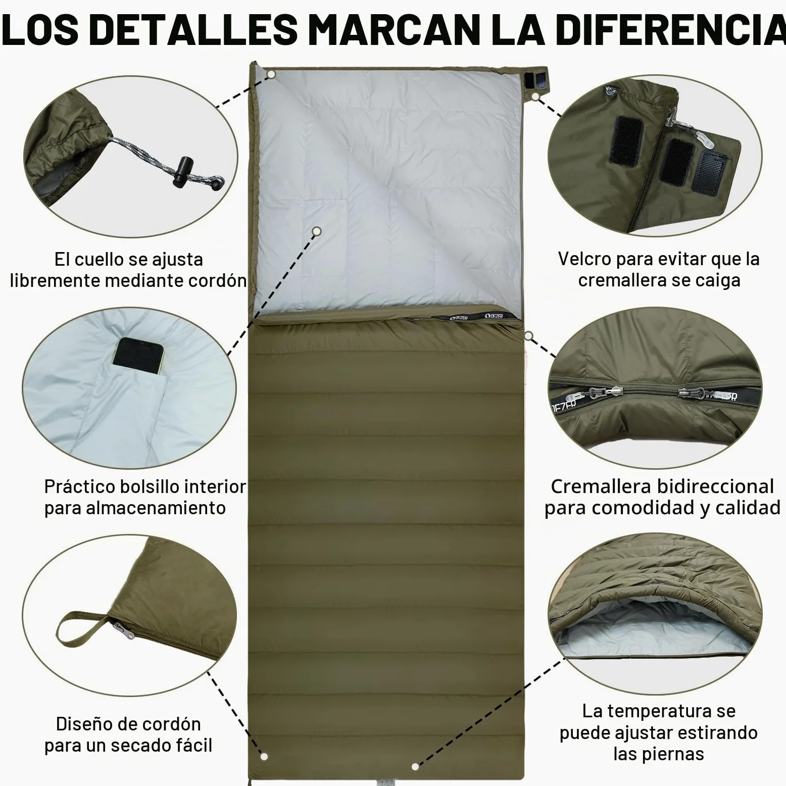 [Plumón] Saco De Dormir Adulto Multifuncional [ 4℃~12℃,1.06 kg ] Ultraligero Sleeping Bag, Camping y Senderismo, 3~4 Estaciones, Compacto y Lmpermeable