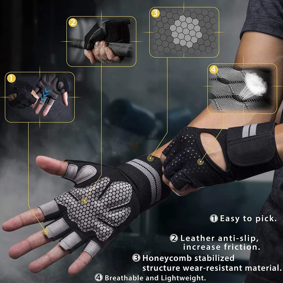 1 par de guantes de entrenamiento sin dedos para hombres y mujeres, guantes de levantamiento de pesas con muñequeras, soporte para entrenamiento en gimnasio, protección completa de la palma, neg