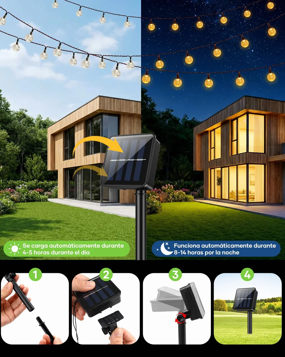 Suright Guirnaldas Luces Exterior Solar, 13M 60 LEDs, IP65 Impermeable, Cálido Blanco