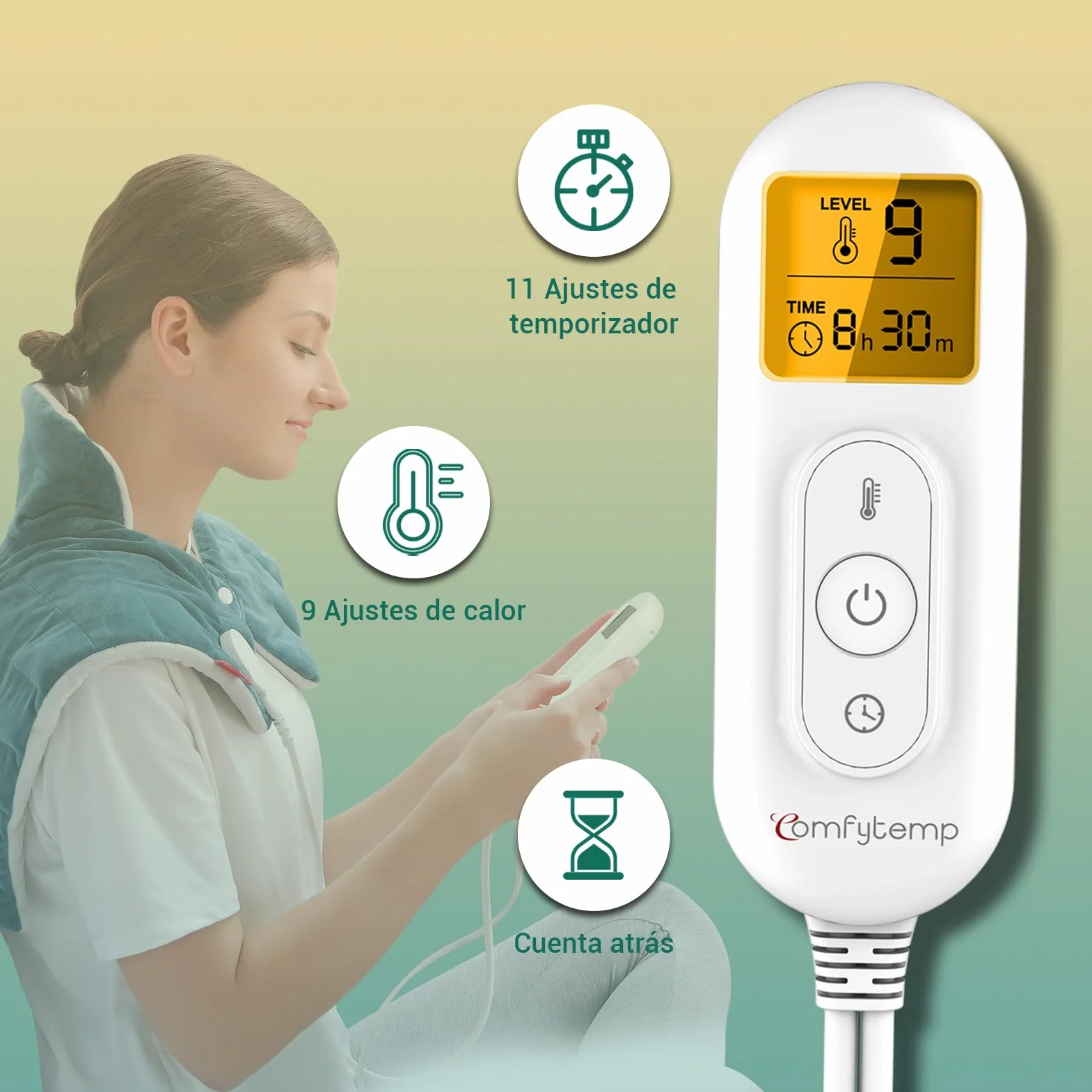 Comfytemp Almohadilla Térmica Cuello, 9 Niveles de Calor, 11 Temporizador, Apagado Automático, Lavable
