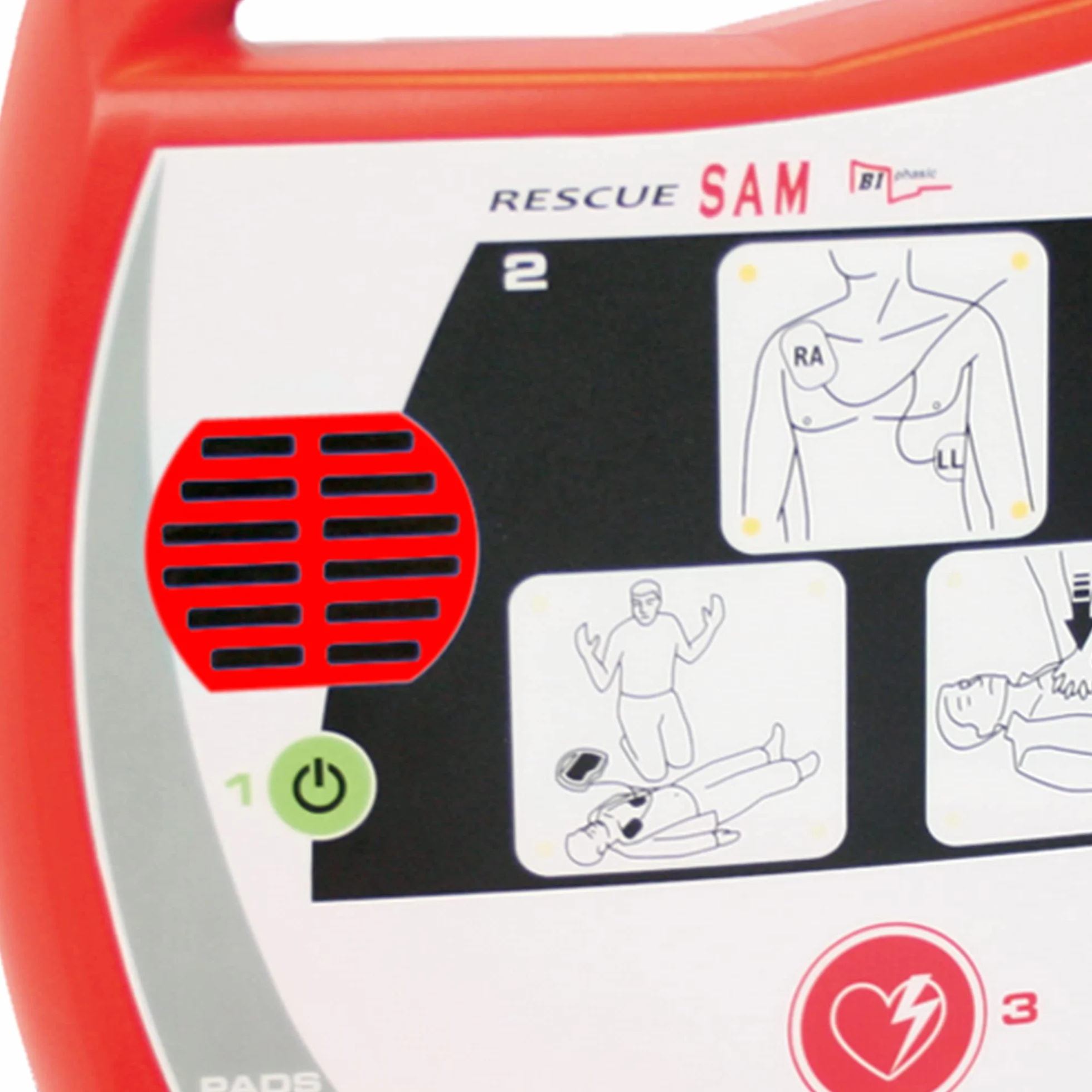 Desfibrilador externo semiautomático DESA Rescue Sam 33430 para uso público con instrucciones en español
