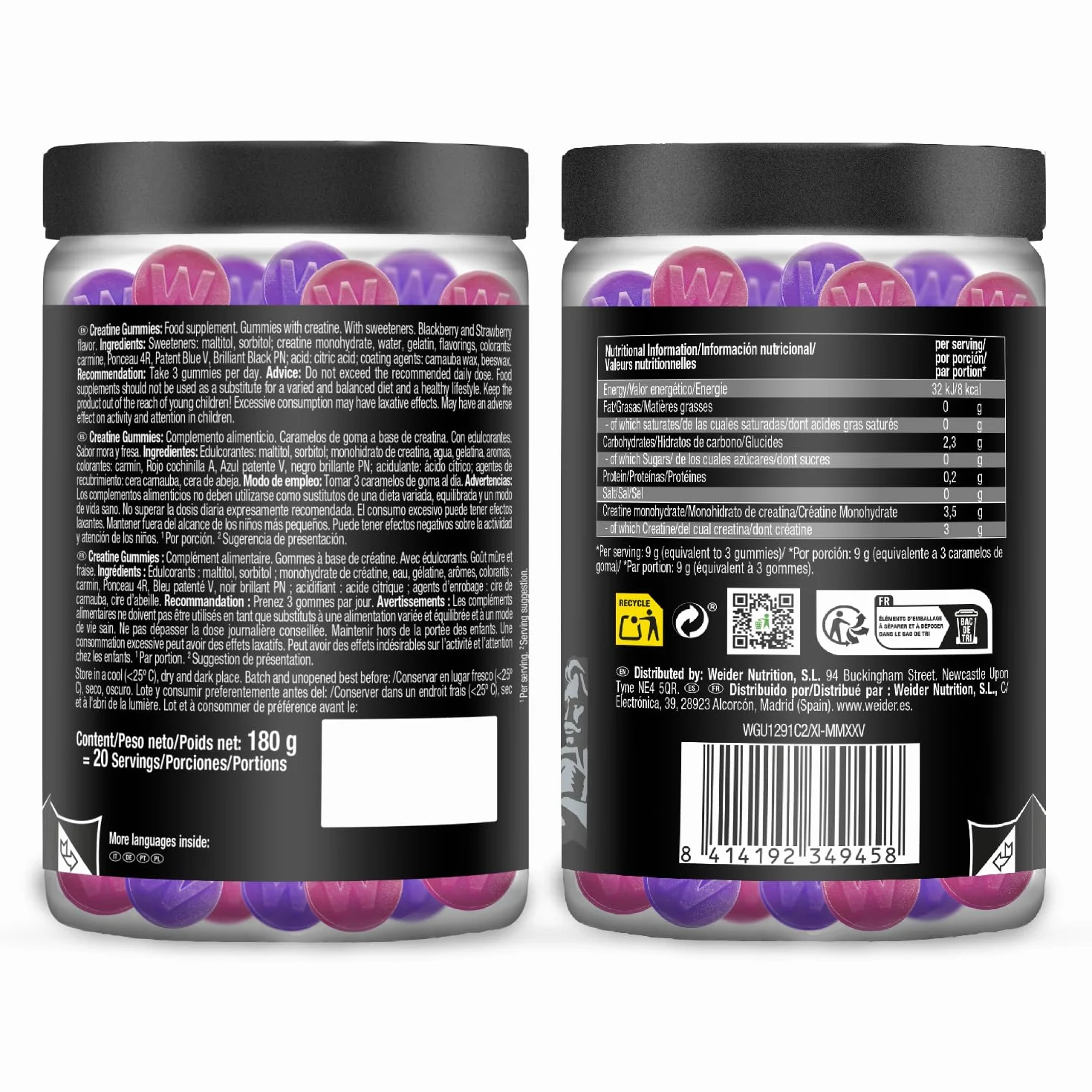Weider Micronized Creatine Gummies 60 gominolas Sabor DUO Fresa-Mora 3,5g creatina monohidrato 200 MESH porción 20 porciones