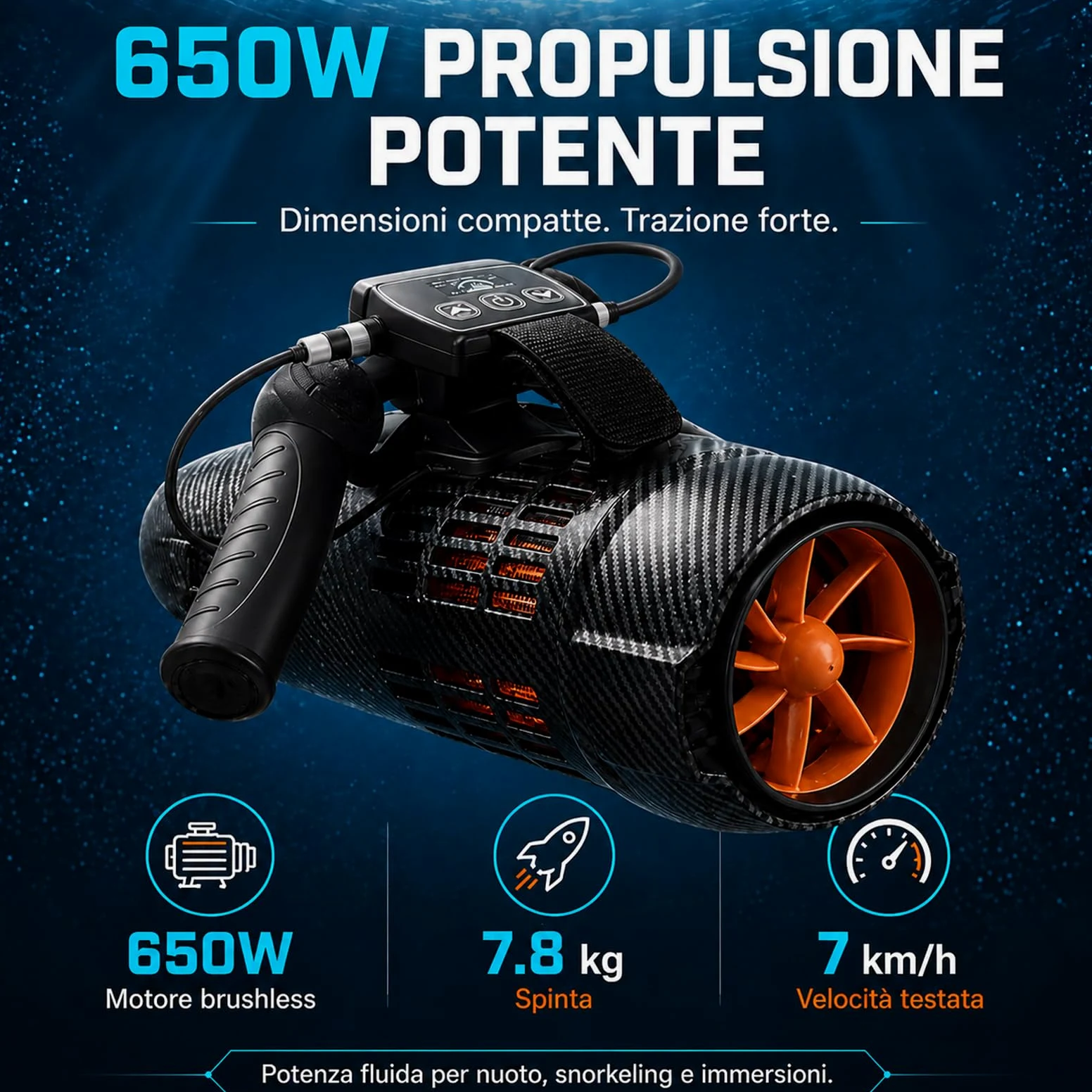 Sea Scooter 650W, Velocidad 7 km/h y Profundidad 40 m, Empuje Potente para Entrenamiento en Piscina Adultos, Snorkel, Equipo de Buceo y Alternativa a Flotadores de Piscina