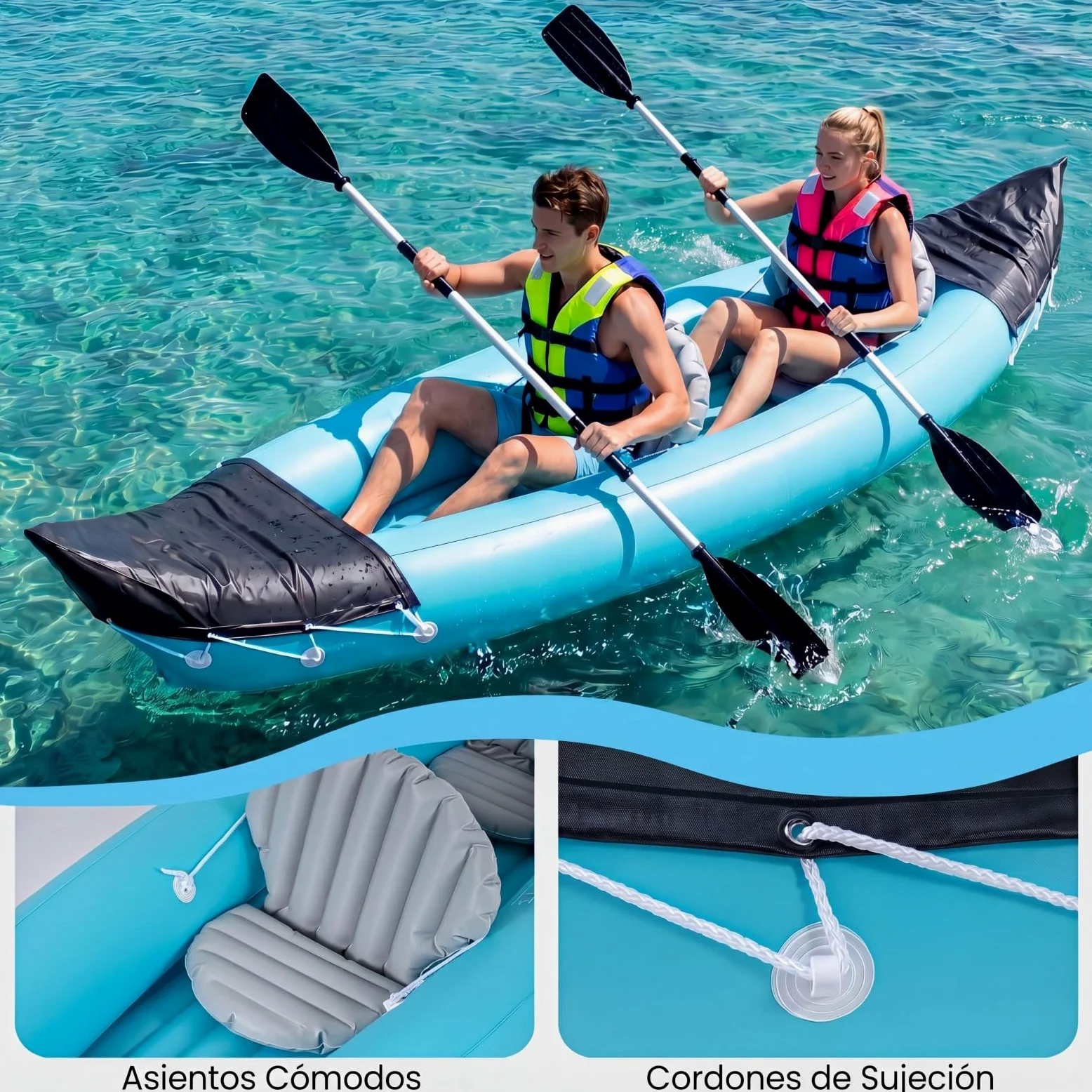 COSTWAY Kayak Hinchable 2 Plazas, Barca Hinchable para 2 Personas con Asientos, Remos de Aluminio, Bomba de Pie, 321 x 92 x 45 cm, Canoa Hinchable para Adultos Pesca, Capacidad 160 kg