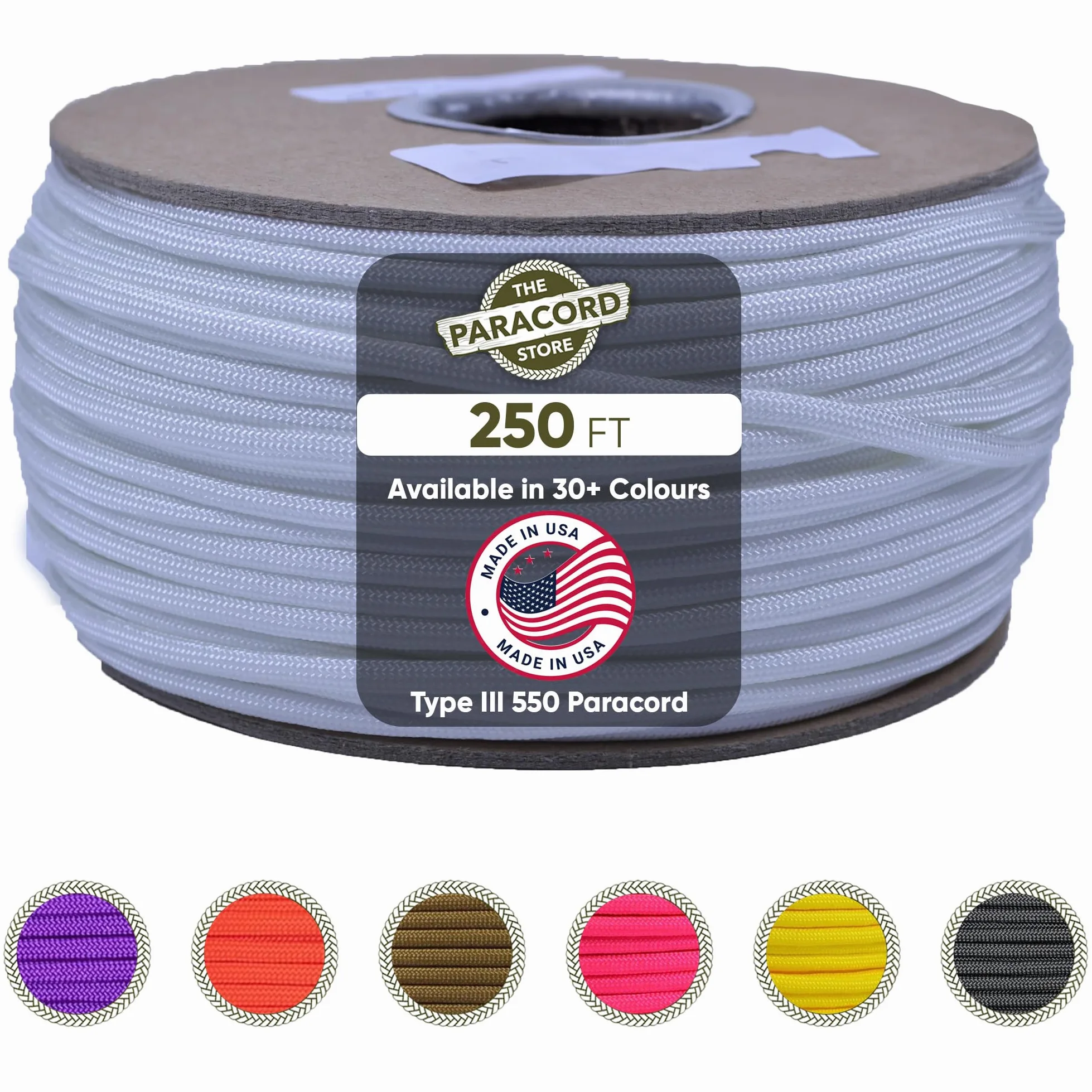 The Paracord Store - Cuerda de paracaídas 550 - Bobinas de 1,000 pies, carretes de 250 pies, mandril de 100 pies