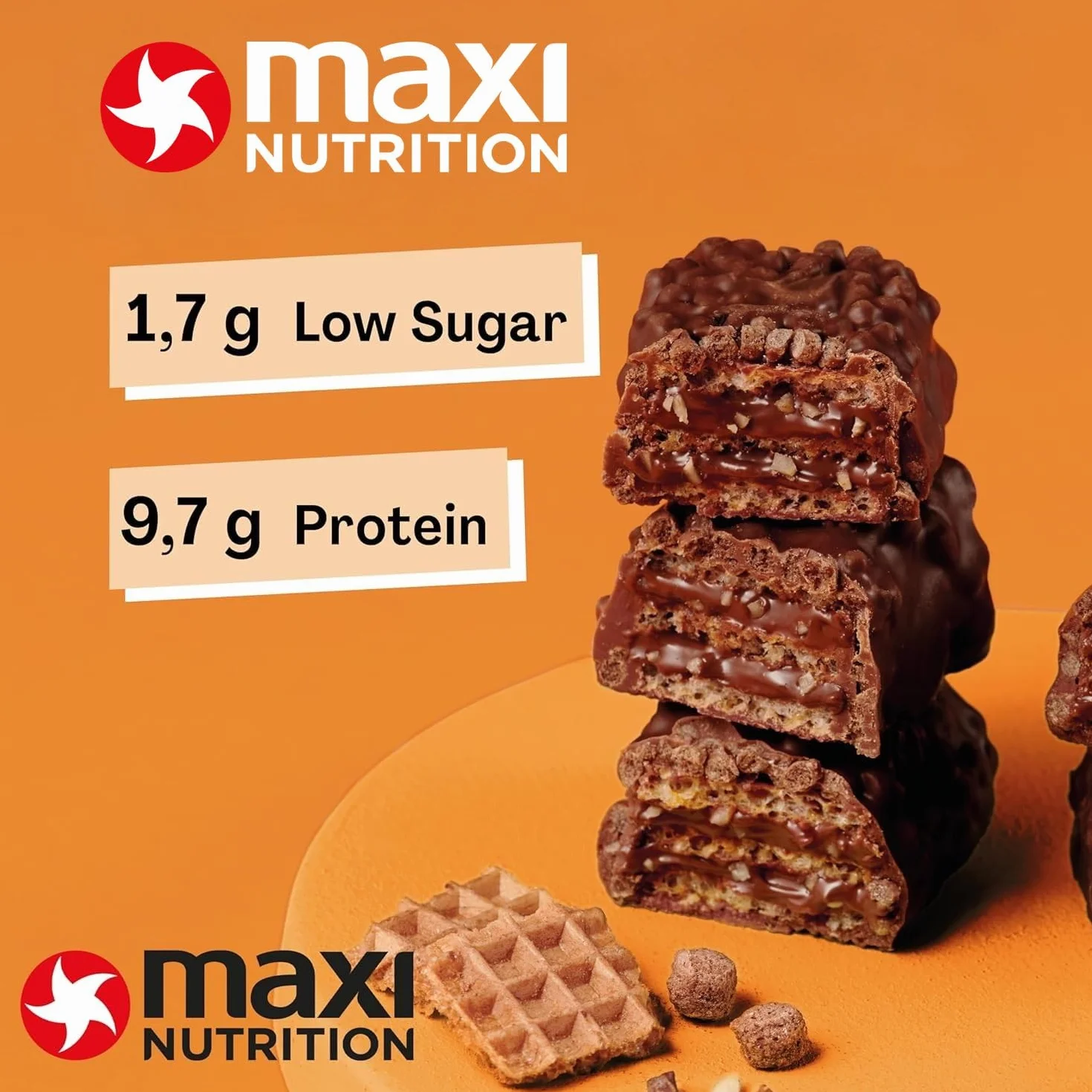 MaxiNutrition Hazelnut Spread Gofre de proteínas 25% proteínas 202 kcal 12 barras 39 g sin azúcar añadido