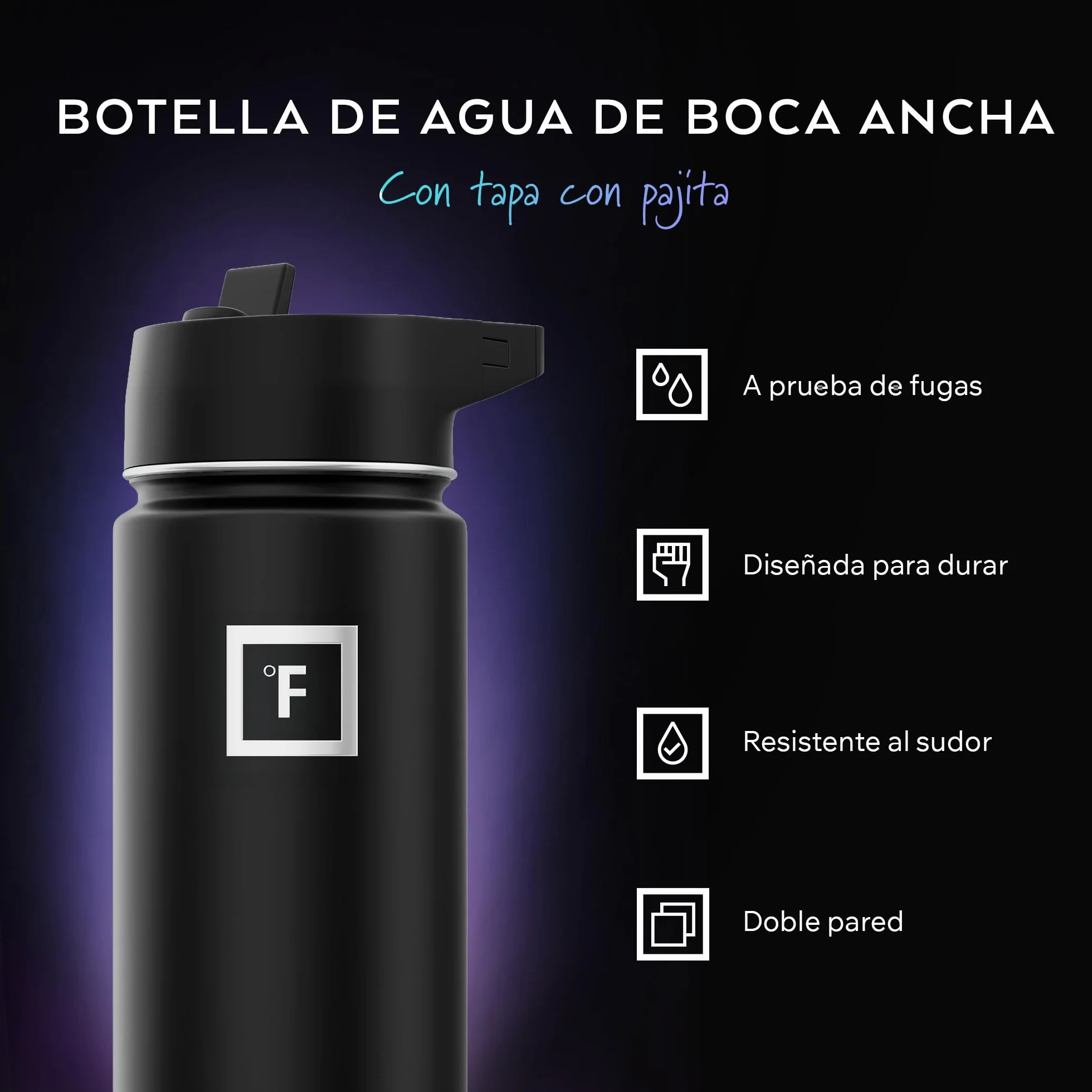IRON °FLASK Botella Agua Acero Inoxidable con Pajita - 650/950/1200/1800 ml - Aislada Doble Pared Cantimplora sin BPA - Botella Termica Agua Fría - Garrafa Termo Gym Gimnasio Senderismo Niños