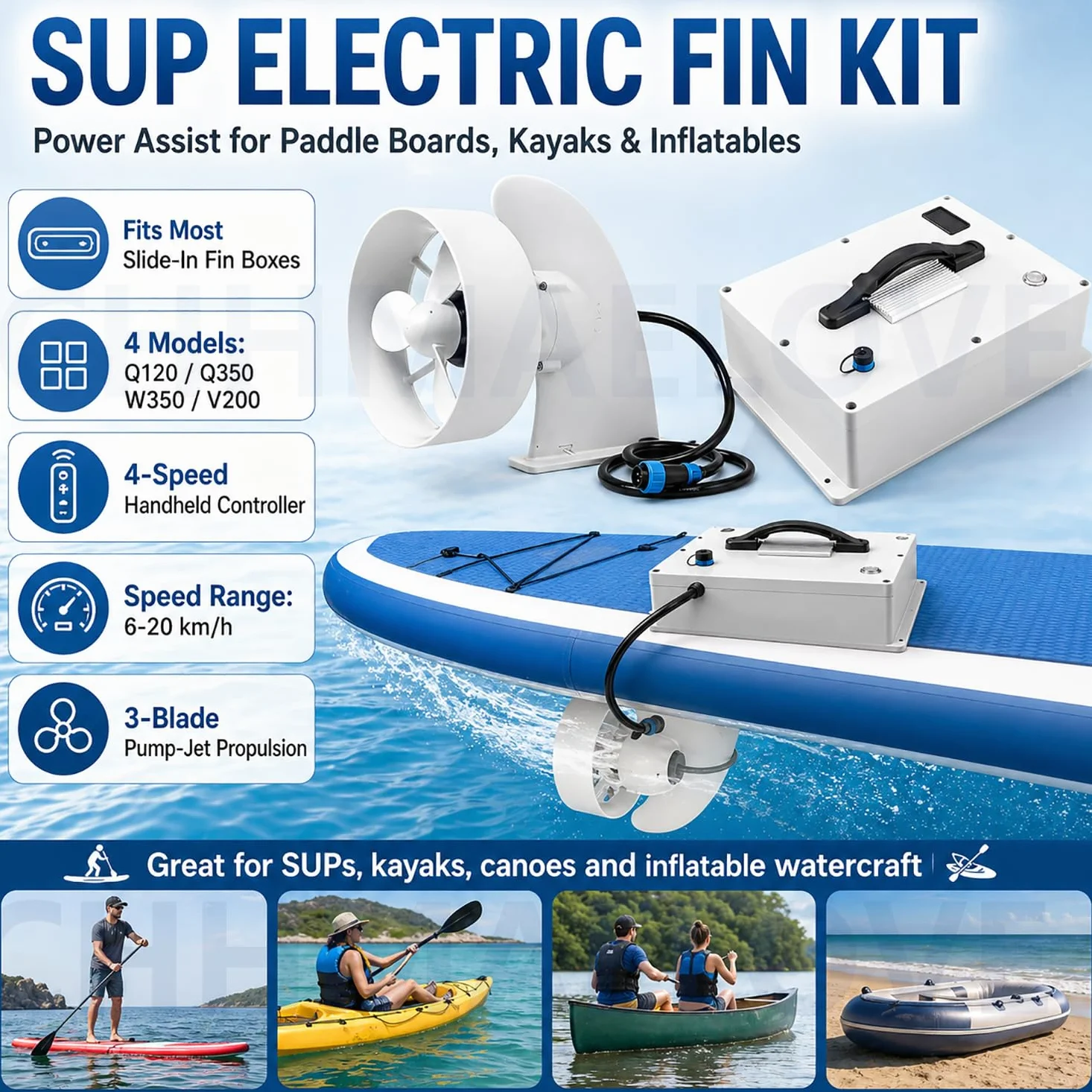 Motor eléctrico para kayak hinchable y aleta eléctrica SUP, propulsor subacuático 24V/36V, 380W/630W/2500W, cuerpo 2,3/2,4 kg, base slide-in para lago, río, costa y tabla SUP Q120/45mins6-7km/h380W