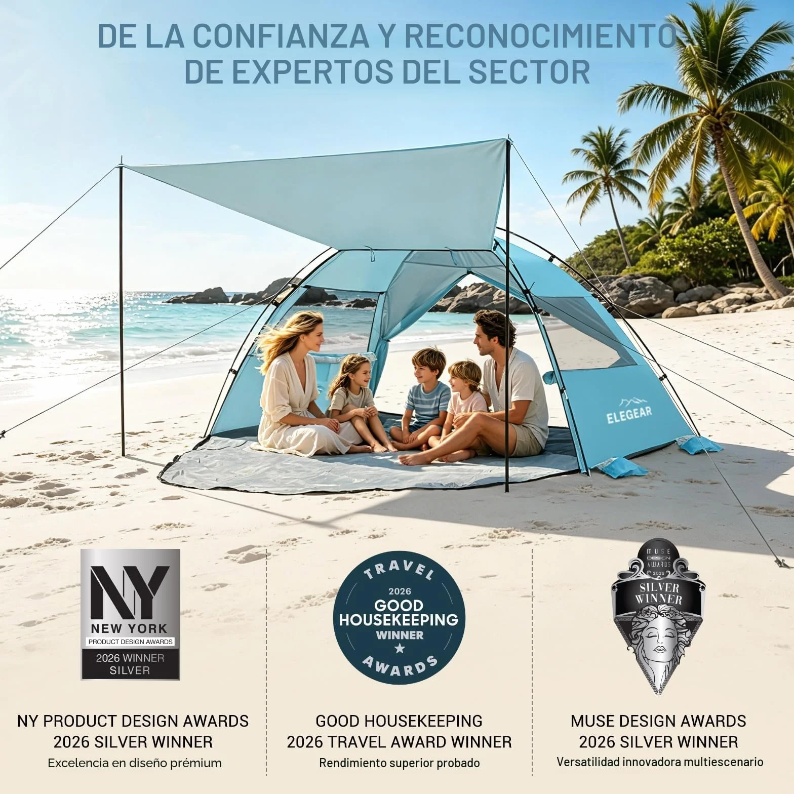 Elegear Tienda de Playa 6-8 Personas Protección UV UPF 50+ Portátil 260x165x150cm Azul