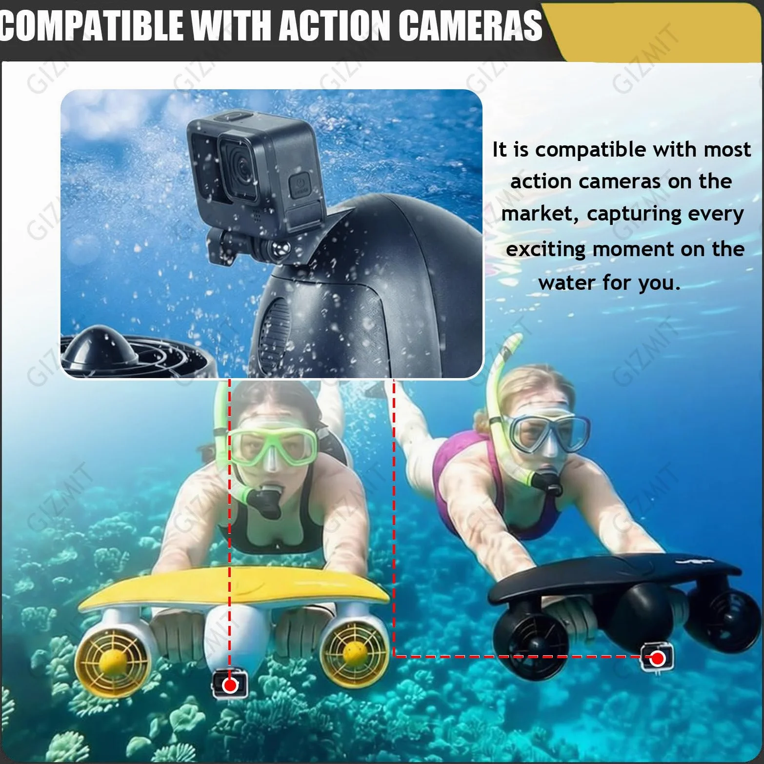 Scooter Submarino, propulsor acuático de Doble Motor con Soporte para cámara de acción, 2 Modos de Velocidad y batería extraíble; Ideal para Buceo y natación en Piscina. Black