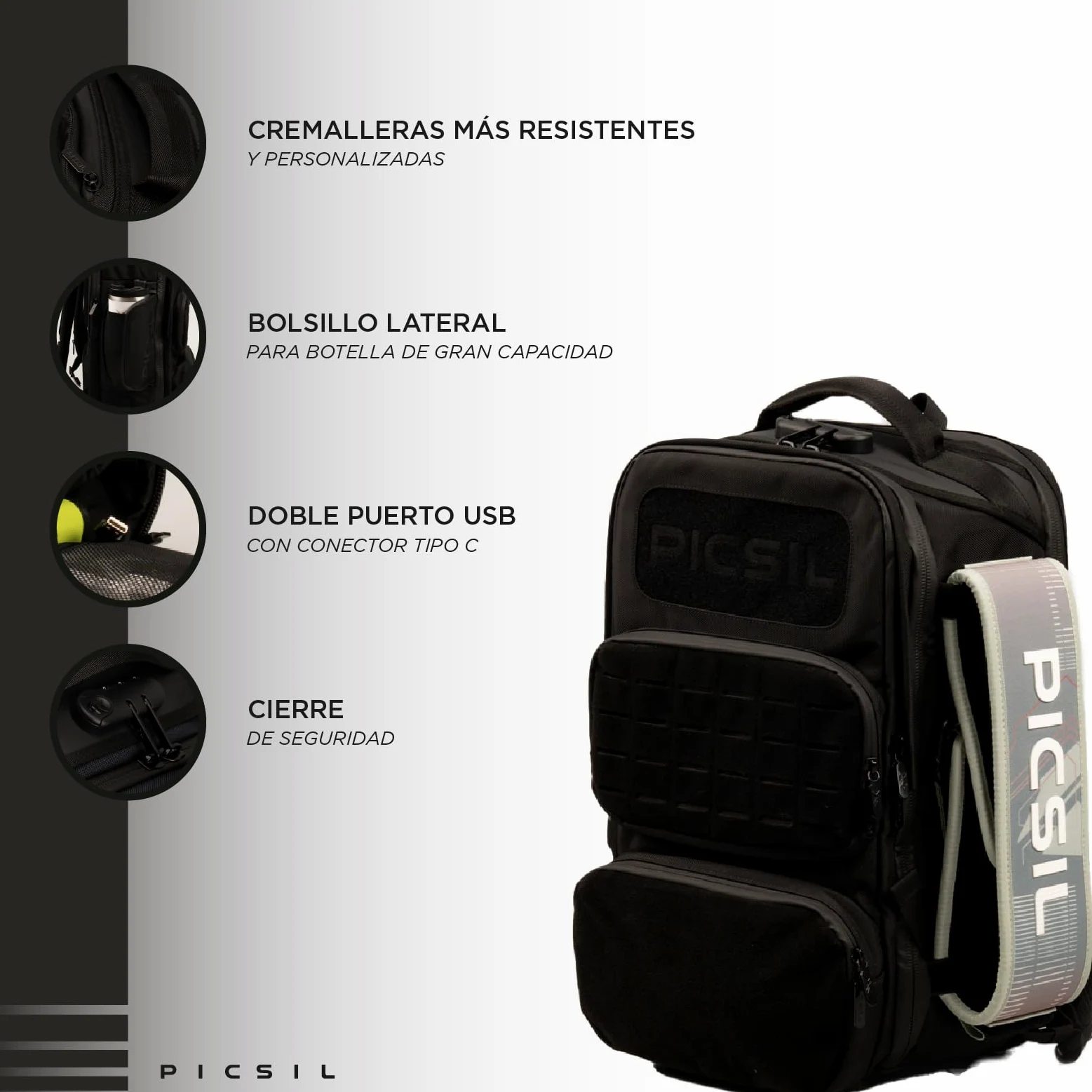 PICSIL Maverick, Mochila Táctica, Múltiples bolsillos - 40L, Moonless | Impermeable y resistente. Backpack con bolsillo térmico, puerto USB y compartimientos intelligentes. Para viaje o deporte.
