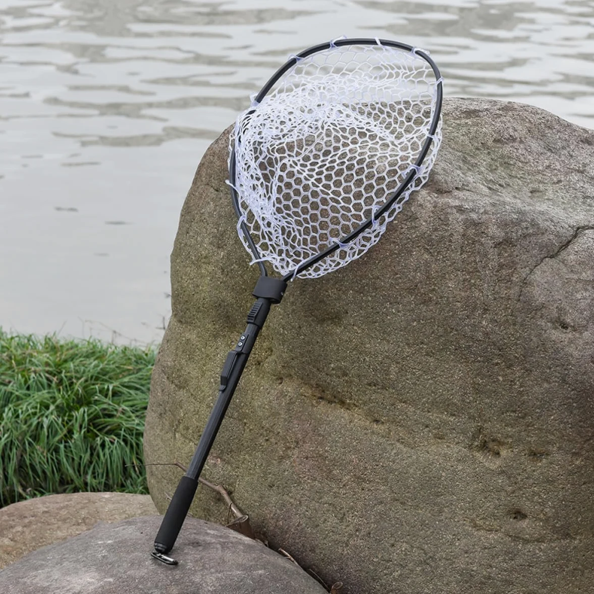 Red de Pesca Plegable Rápida de Aluminio Negro Malla | Aleación de Aluminio, Malla de Goma Eva, Forma Clásica, Ligera Fácil Transporte para Orilla y Barco