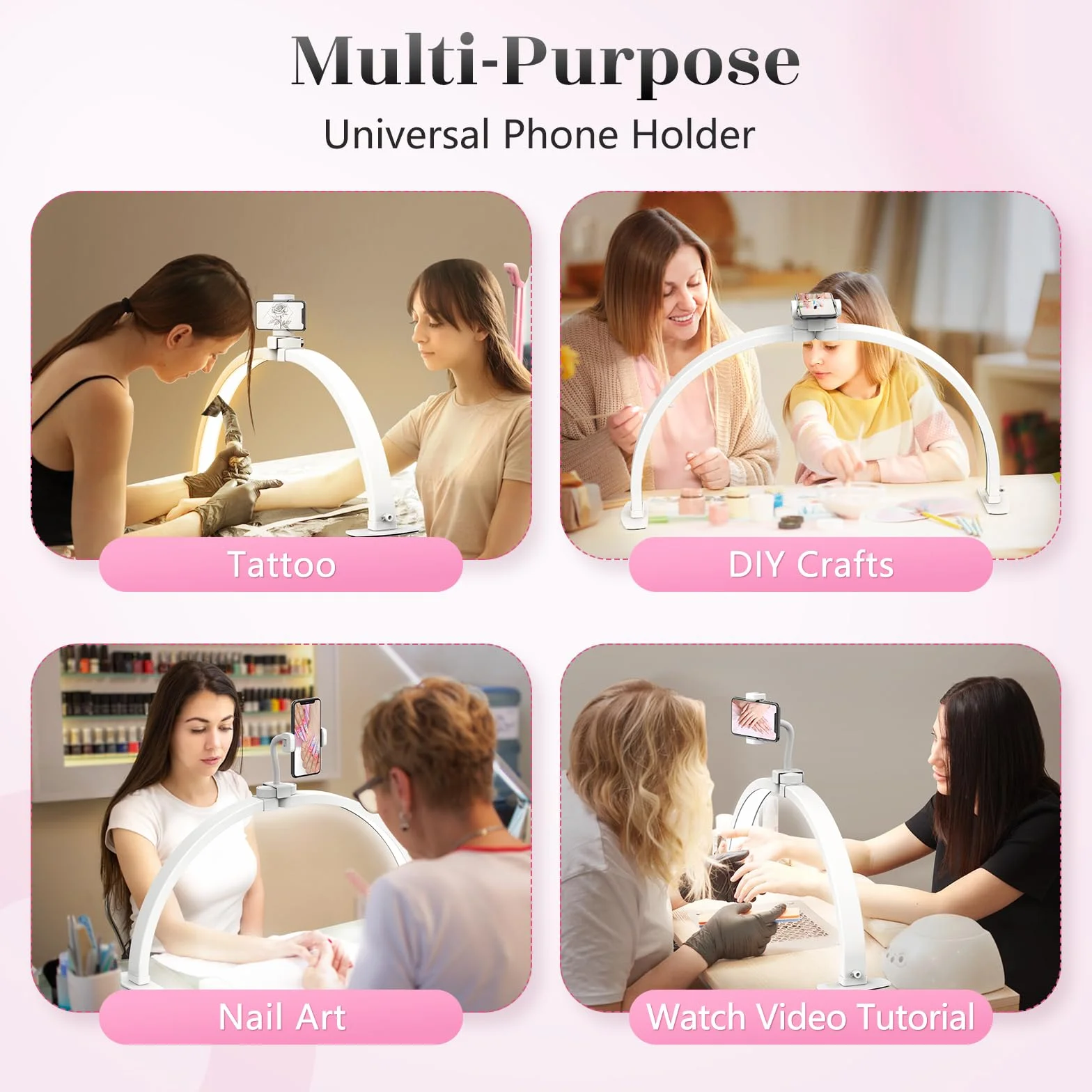 Media Luna Lámpara para Uñas 23" con Soporte para Teléfono 3 Modos de Color 10 Niveles de Brillo Ajustables Manicura Blanco