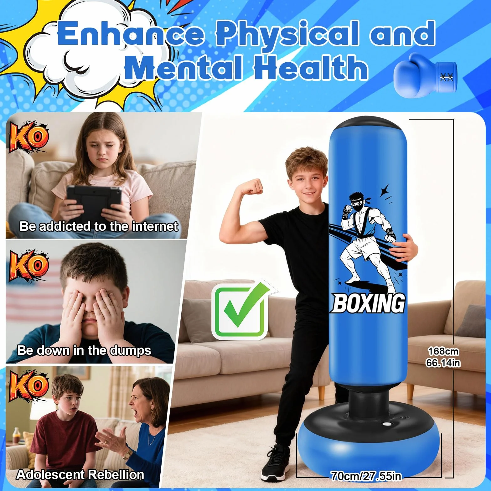 Qoosea Saco de Boxeo Niños, 168cm Bolsa de Boxeo Inflable de Pie con Guantes, Punching Ball Estable para Karate Kickboxing MMA Taekwondo, Regalo Ideal para Niños y Niñas de 3-14 años