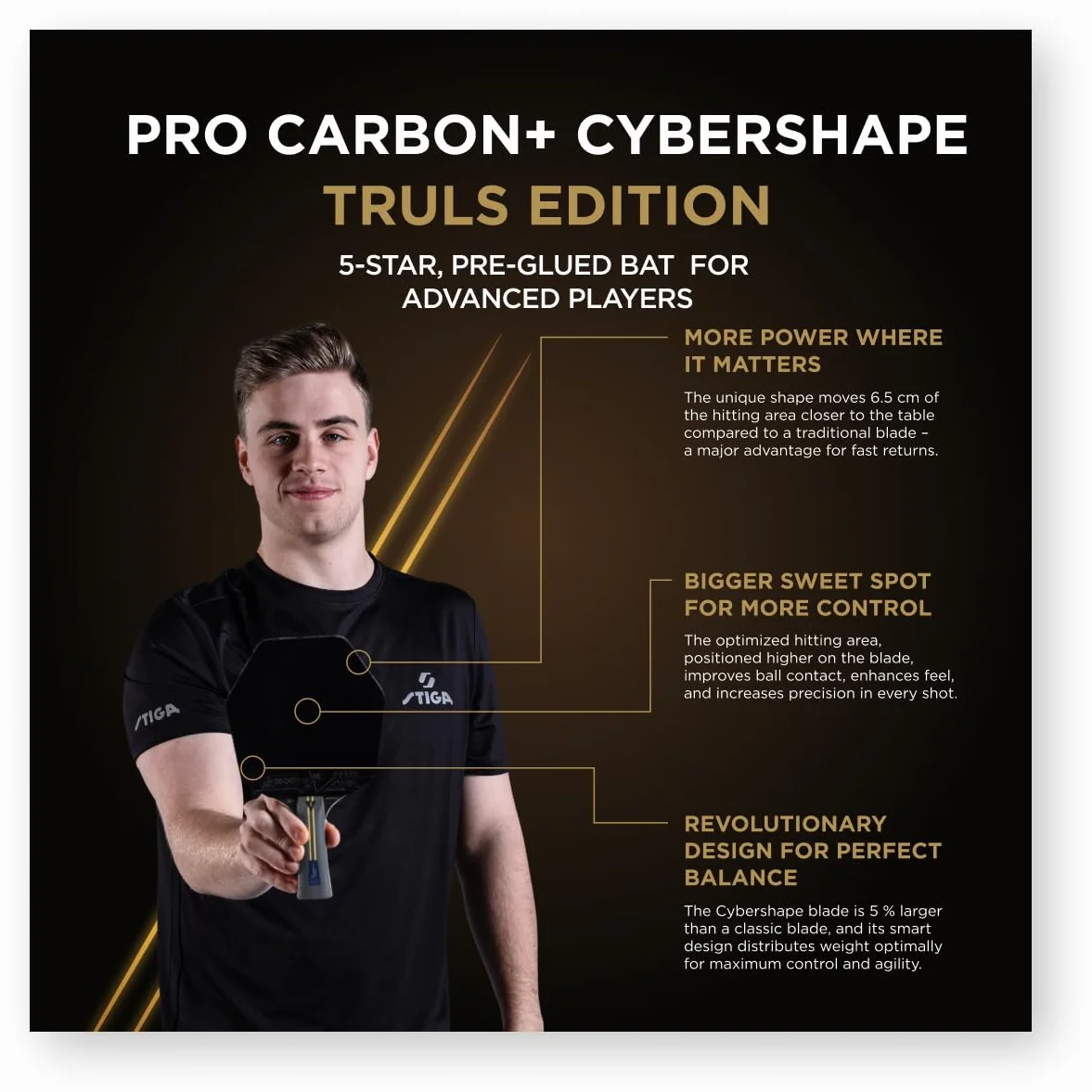 STIGA Pro Carbon Plus Cybershape Truls Edition Pala de Tenis de Mesa, 5 Estrellas; Sweet Spot Optimizado más Grande, Touch Carbon Technology, Goma STAR5 Aprobada por la ITTF, para Jugadores Ofensivos