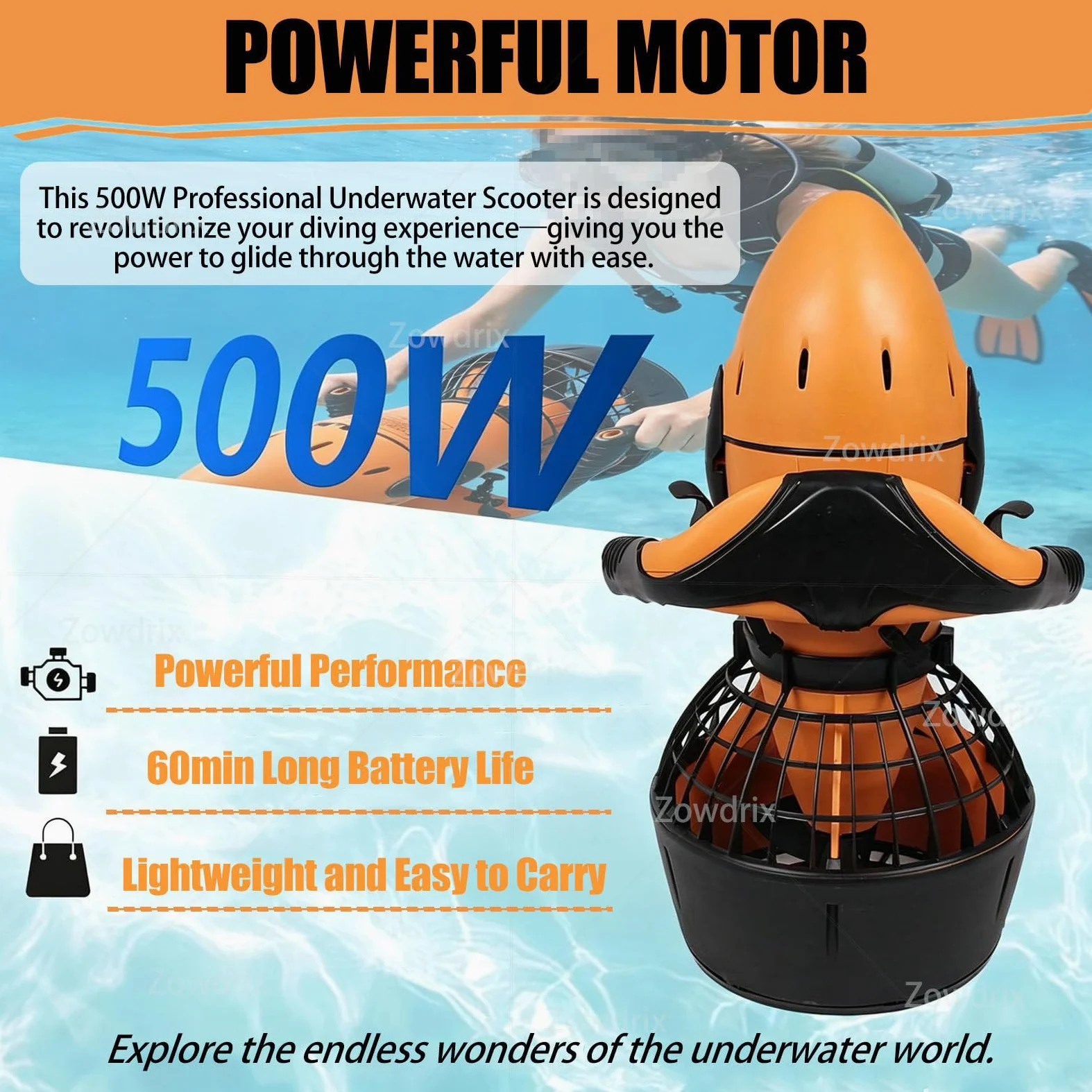 Scooter Submarino con Motor Sin Escobillas De 500 W, Velocidad Máxima De 3,7 mph, Autonomía De 60 Minutos, Hélice Ligera para Buceo, Snorkel Y Aventuras En La Playa