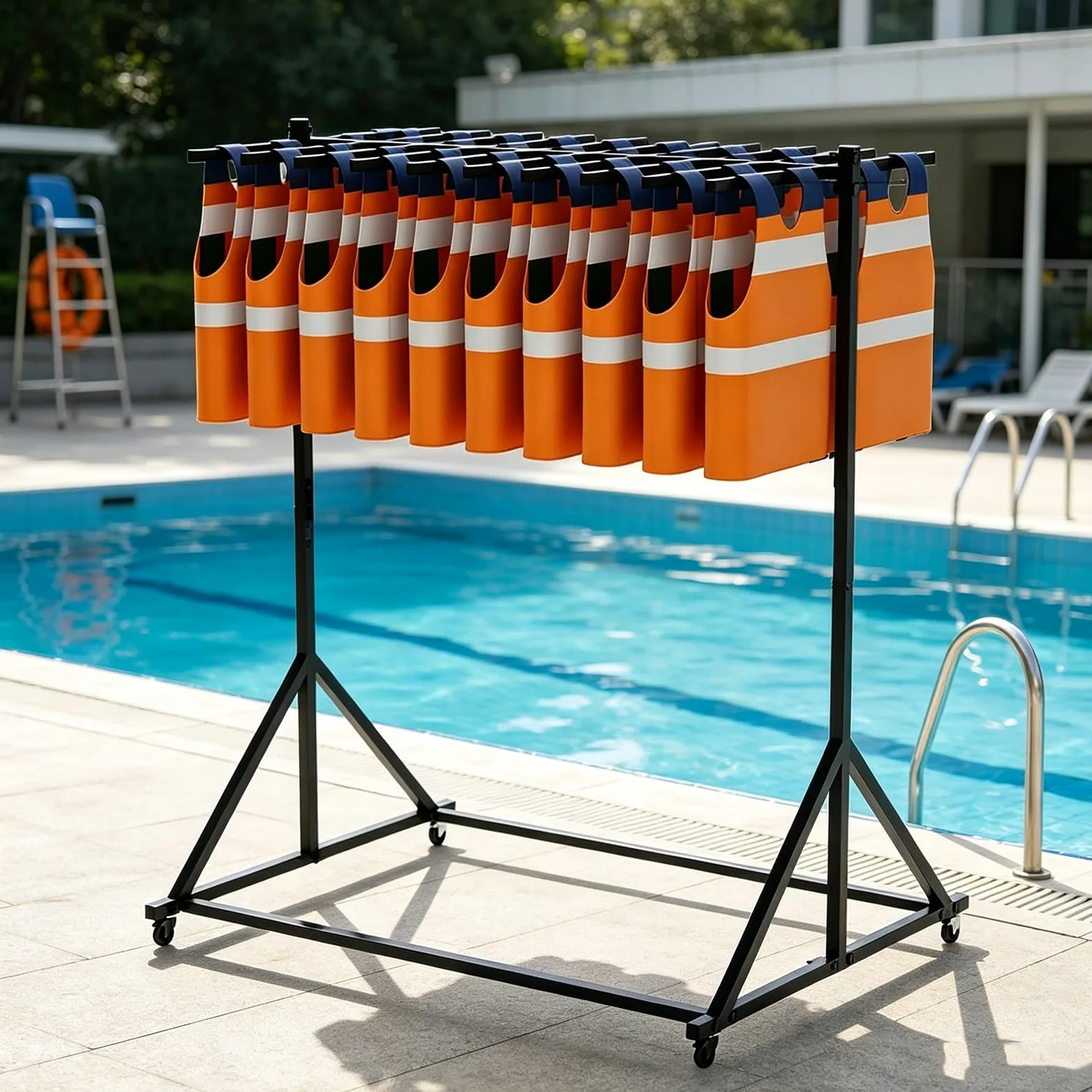 Estante para Chalecos Salvavidas, Soporte Independiente de Alta Resistencia con Ruedas giratorias, Organizador Multiusos para Piscinas con Capacidad para hasta 20 Chalecos