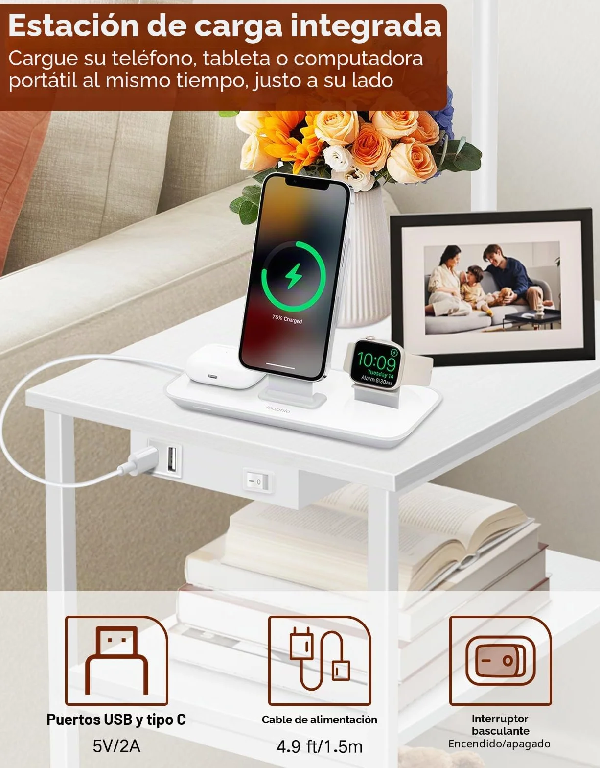 Lámpara de Pie LED Regulable con Mando, 3 Temperaturas, Mesa Auxiliar con Carga USB y Estante para Salón