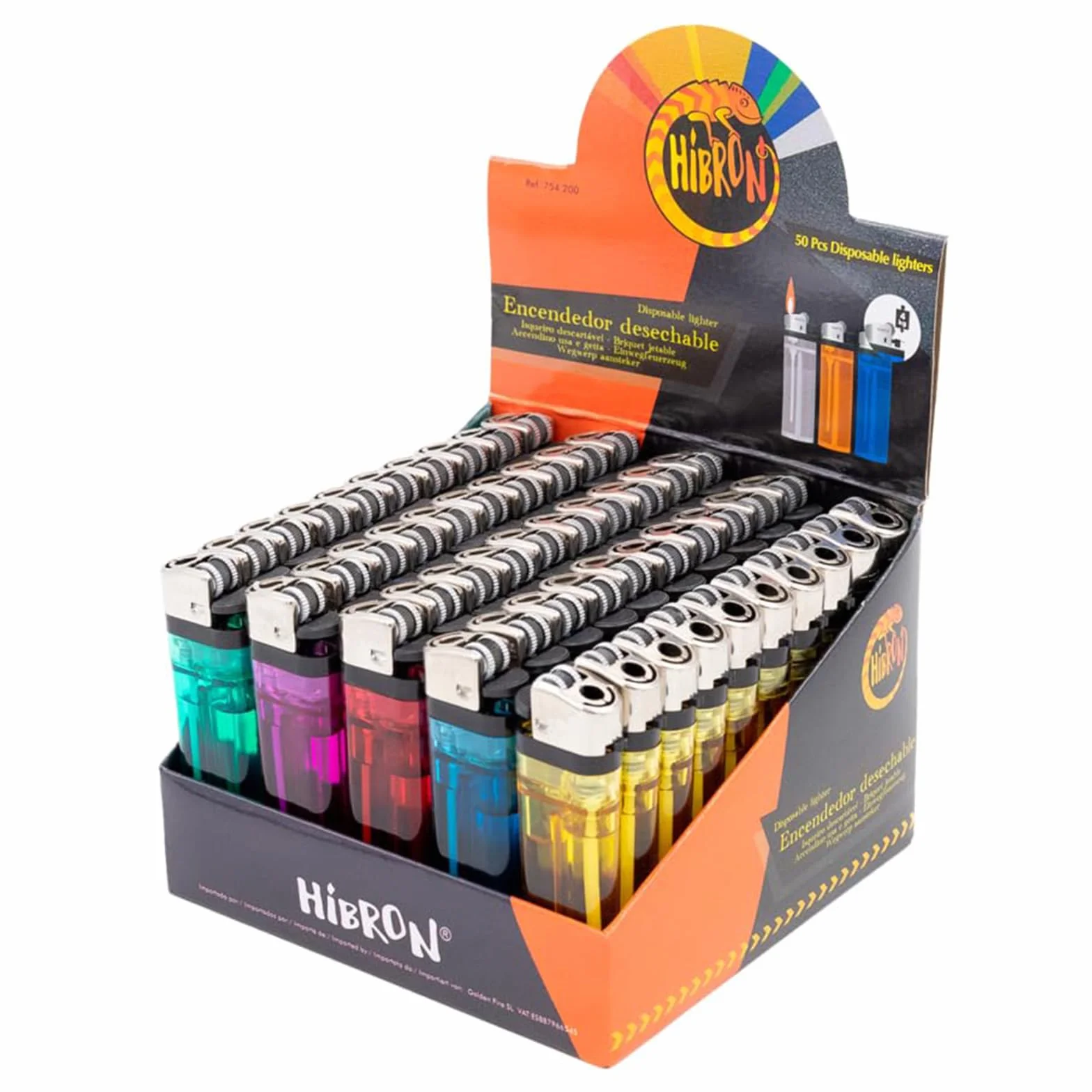 HIBRON Pack de 50 Mecheros Desechables de Colores Translúcidos Encendedor Clásico con Piedra y Llama Regulable