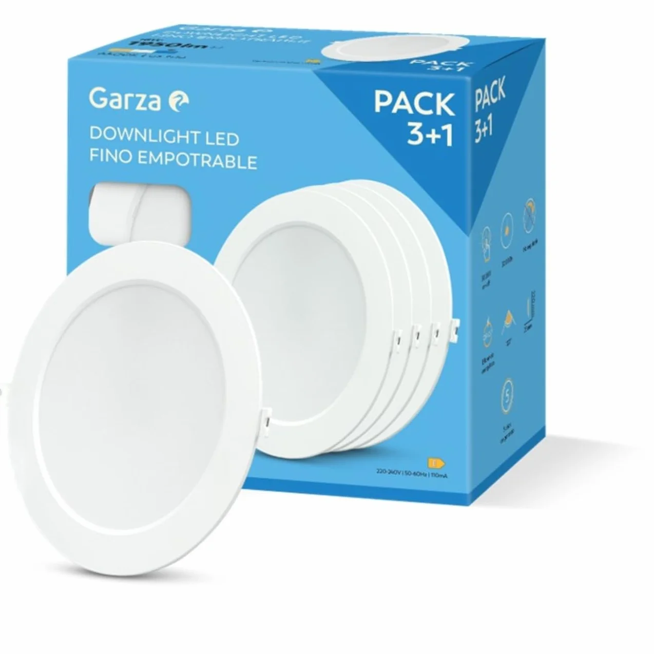 Garza Downlight LED empotrable 18W 6500K Luz Fría Ø220x29mm 120º Lampara de techo plana blanco