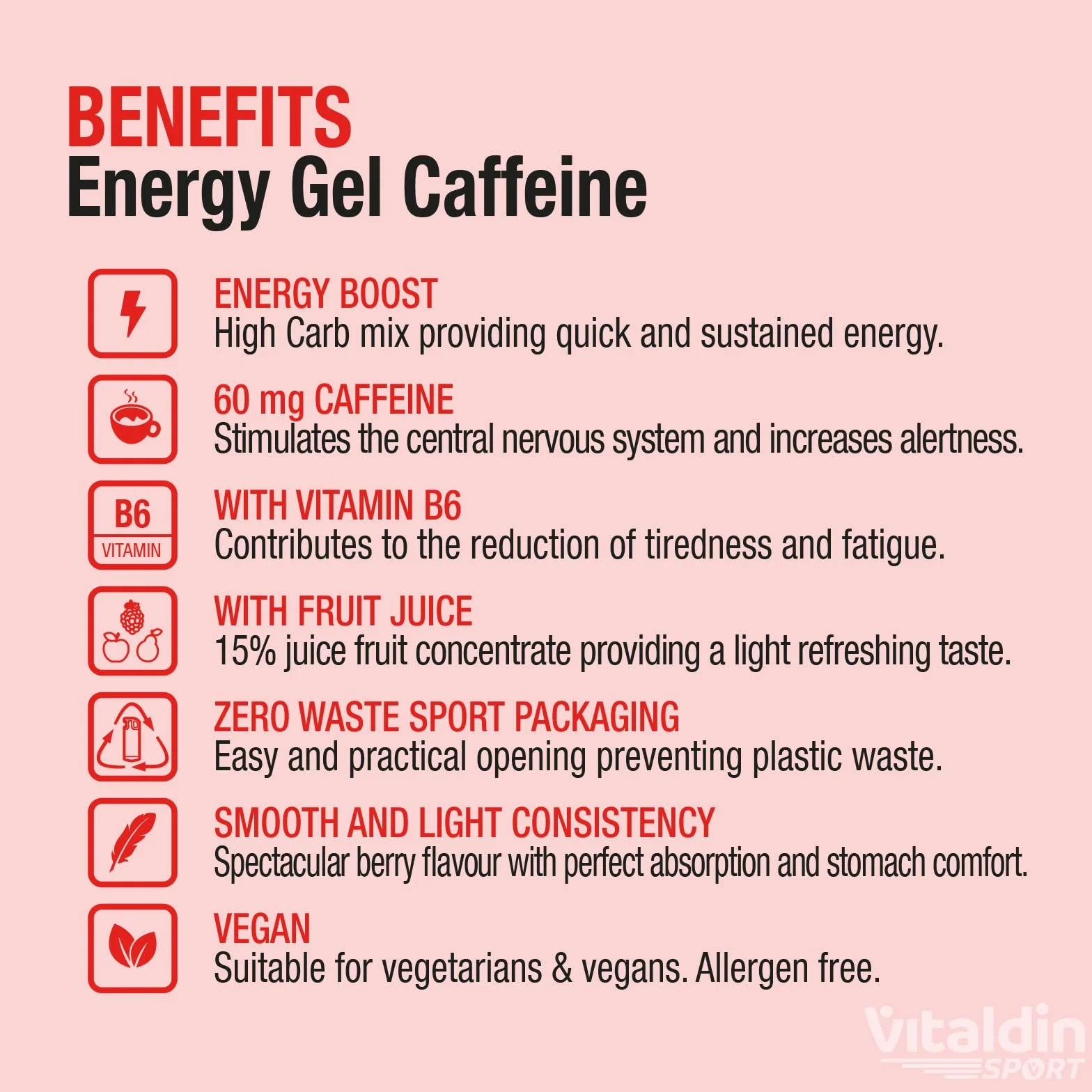 VITALDIN SPORT Energy Gel Caffeine 24 x 40 g Gel Energético Frutos Rojos 60 mg Cafeína Vitamina B6