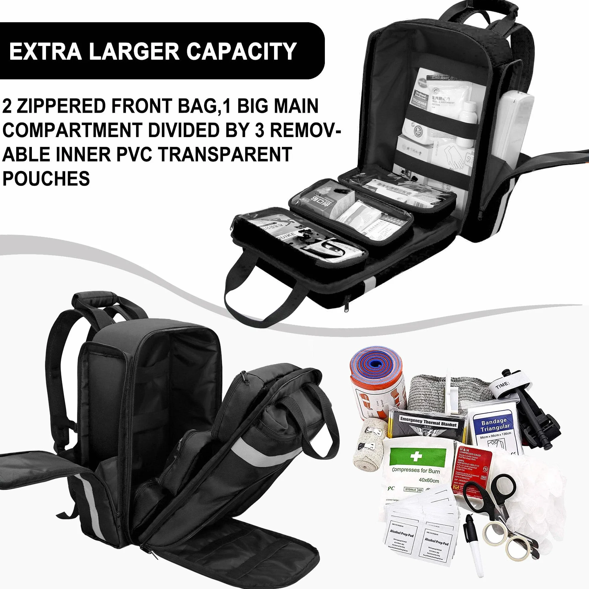 Mochila Profesional de Primeros Auxilios vacía, Bolsa médica táctica con Reflectante, Mochila médica de Primeros Auxilios de Gran Capacidad para Camping, Senderismo,(Negro)