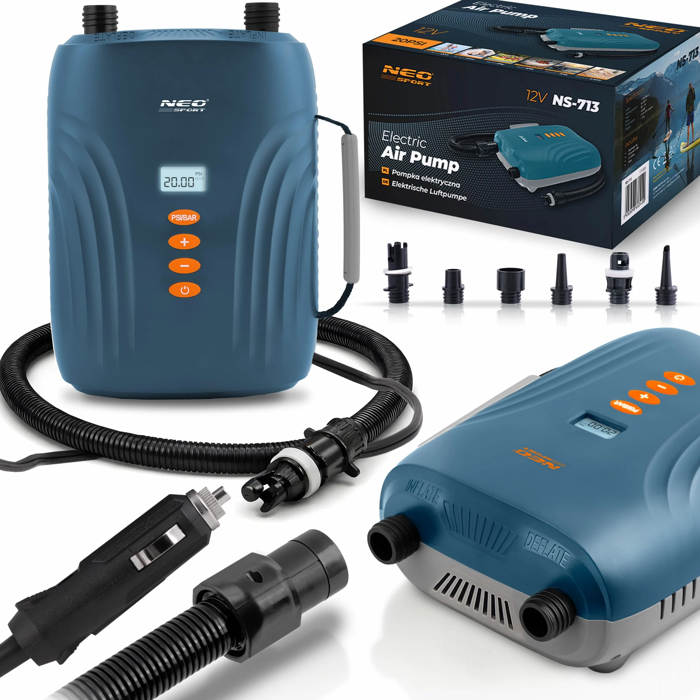 Neo-Sport Bomba de Aire eléctrica de 12 V para Sup, colchón de Aire y Bote Inflable – Bomba de 20 PSI Sup con Doble Motor, Parada automática, 6 adaptadores y función de desinflado