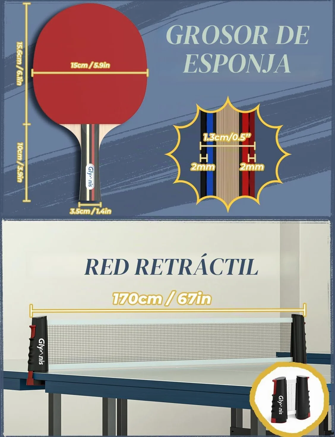 Glymnis Juego de Tenis de Mesa portátil con Red retráctil, Bates y Pelotas de Ping Pong de 3 Estrellas, Bolsa de Almacenamiento, Kit Todo en uno Premium