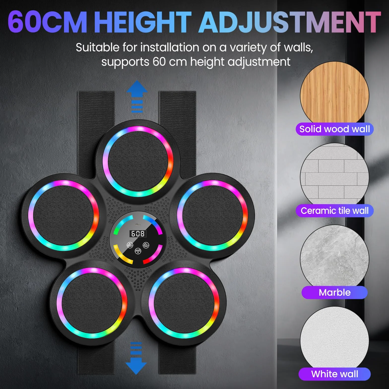 IERAKOR Máquina de Boxeo Musical de Pared con Bluetooth, 2 Pares de Guantes, 9 Modos, Luz de Color, Contador de Puntos