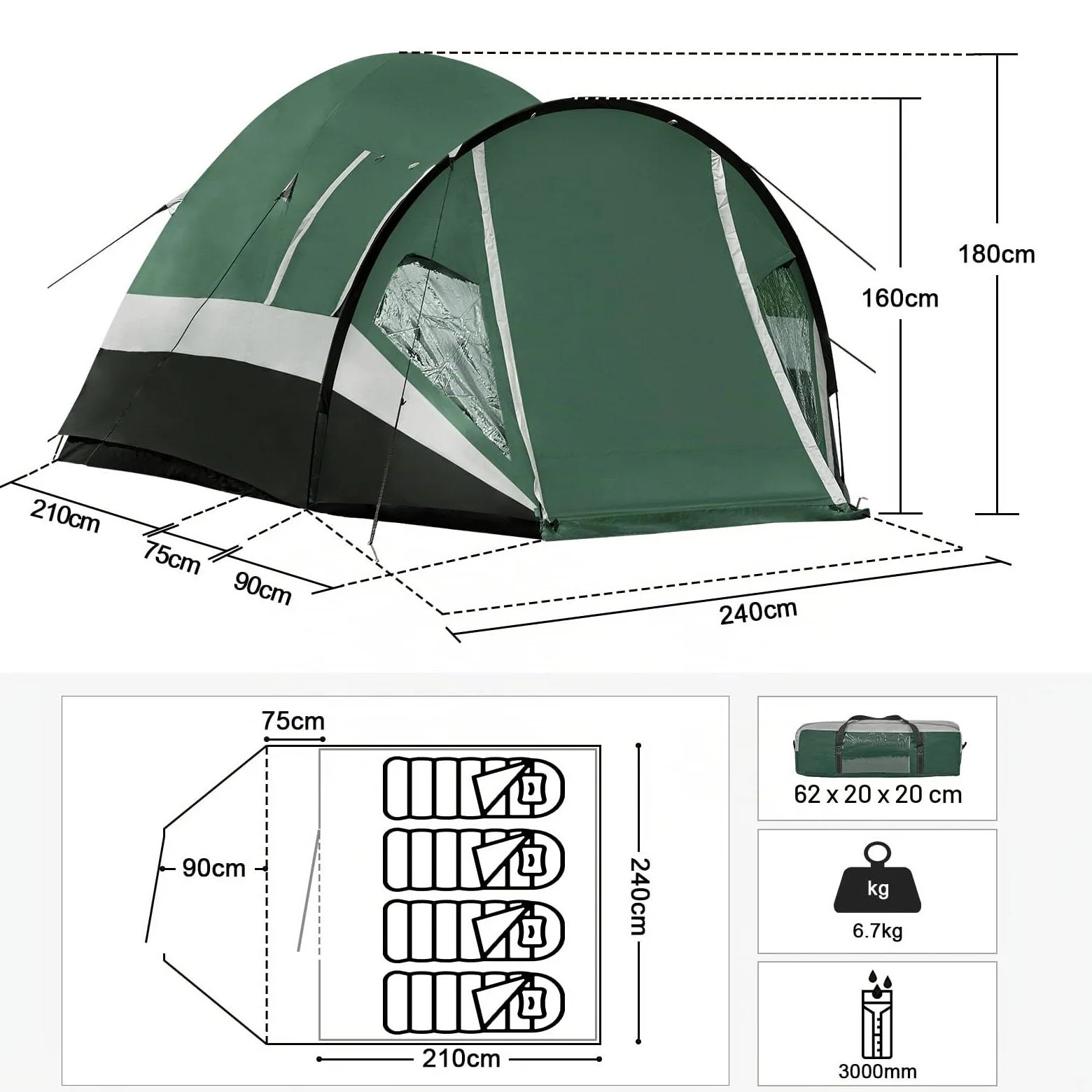 Portal Tienda de campaña para 4 personas, 180 cm, altura de pie, alta, camping, XXL, puerta lateral, ventana, 3-4 temporadas, 3000 mm, resistente al agua, exteriores