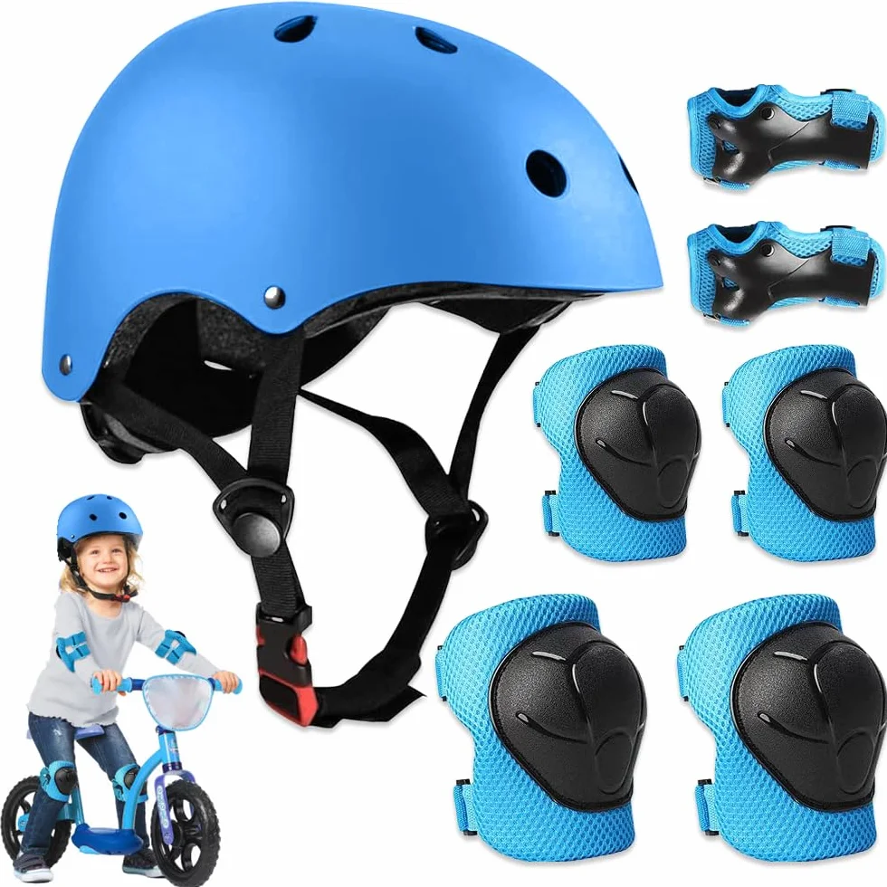 mizikuu Casco Bici Niño, 7 In 1 Set de Protecciónes Infantiles Adjustables Rodilleras Coderas y Muñequeras Almohadilla De Seguridad Protector para Patinar, Bicicleta, BMX, Monopatín, Aeropatín, Azul