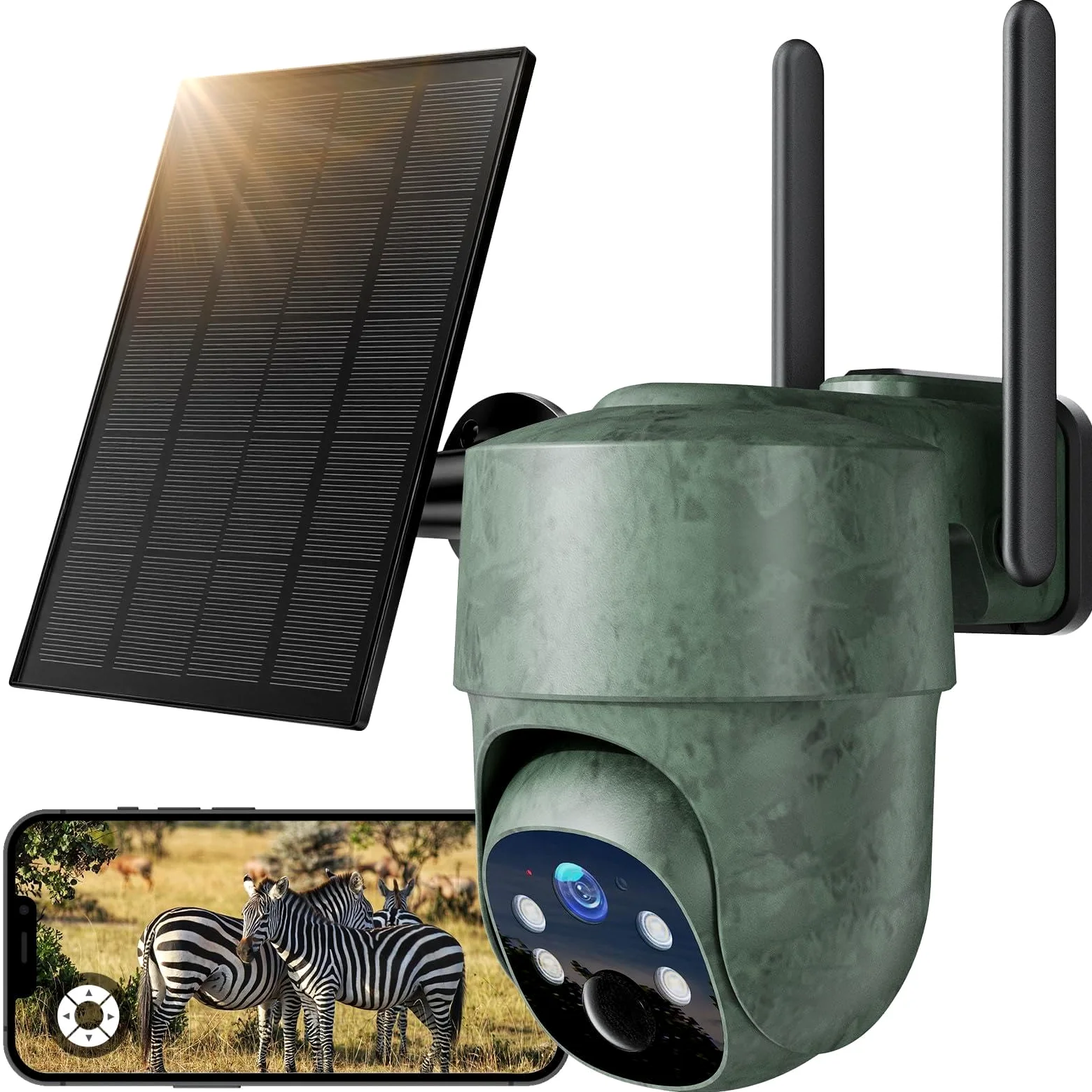 WOLFANG 4G LTE Cámara de Caza Solar con Tarjeta SIM, 2.5K PTZ Camara Fototrampeo Exterior, PIR Detección, Visión Nocturna en Color Starlight, Audio de 2 vías, 0.2s Activación, IP66 Impermeable
