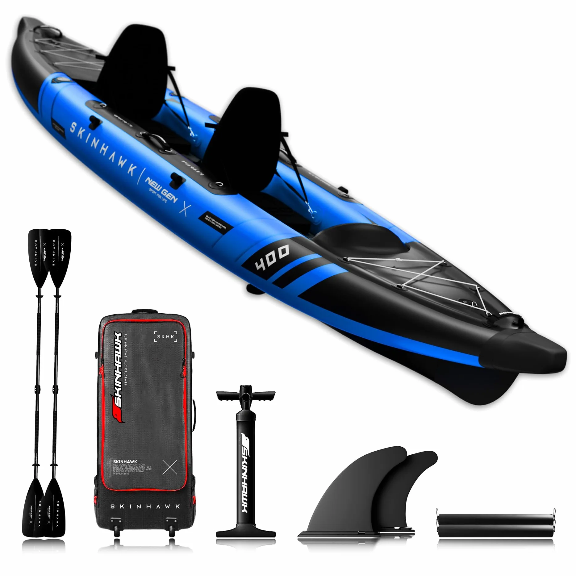 SKINHAWK Prestige Blue Kayak Set 400 – Barco inflable – Canoa – 400 x 96 cm – Kayak para 2 personas
