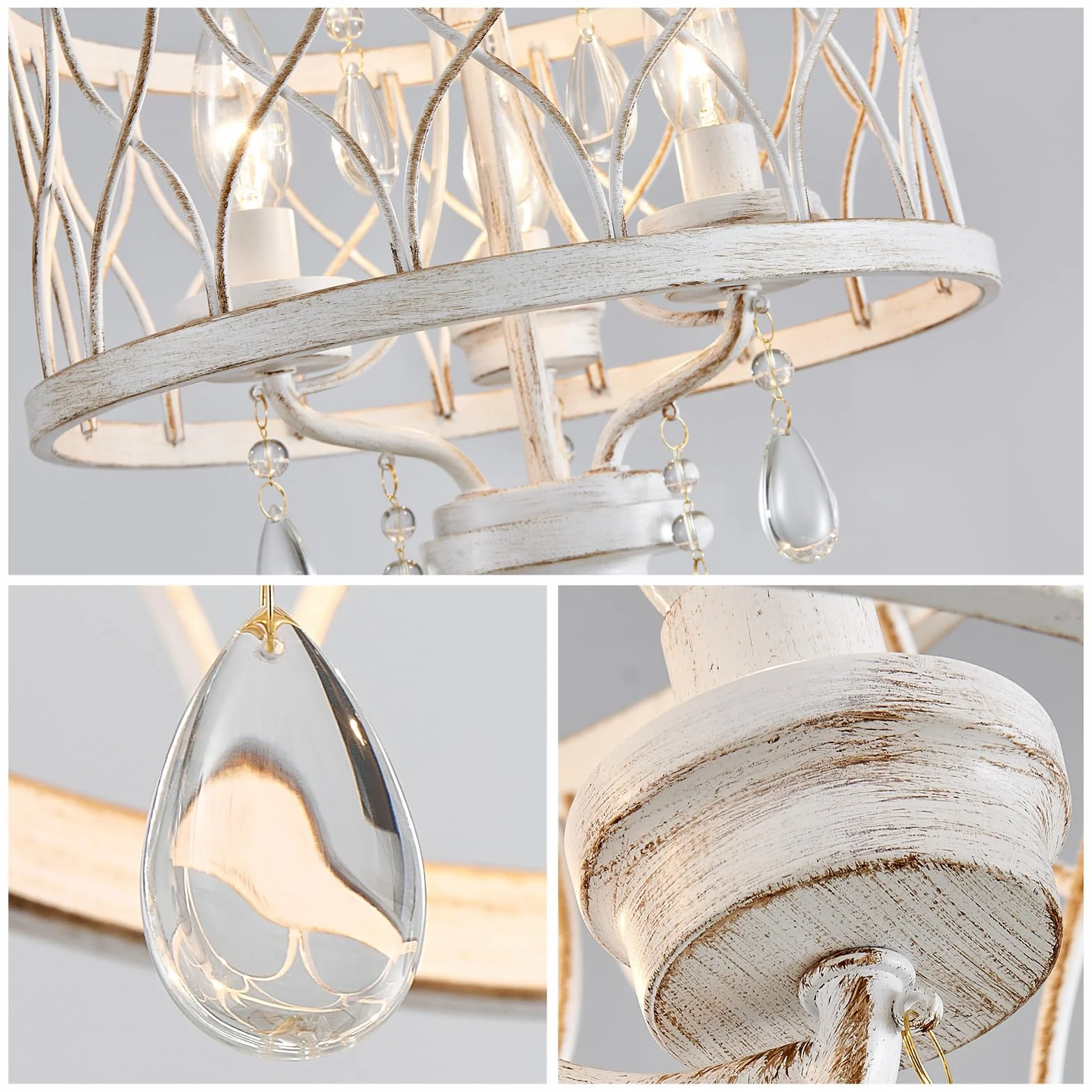 Lámpara de techo 3-luz vintage industrial WUZUPS, 40,6x32,5 cm, E14, blanco antiguo