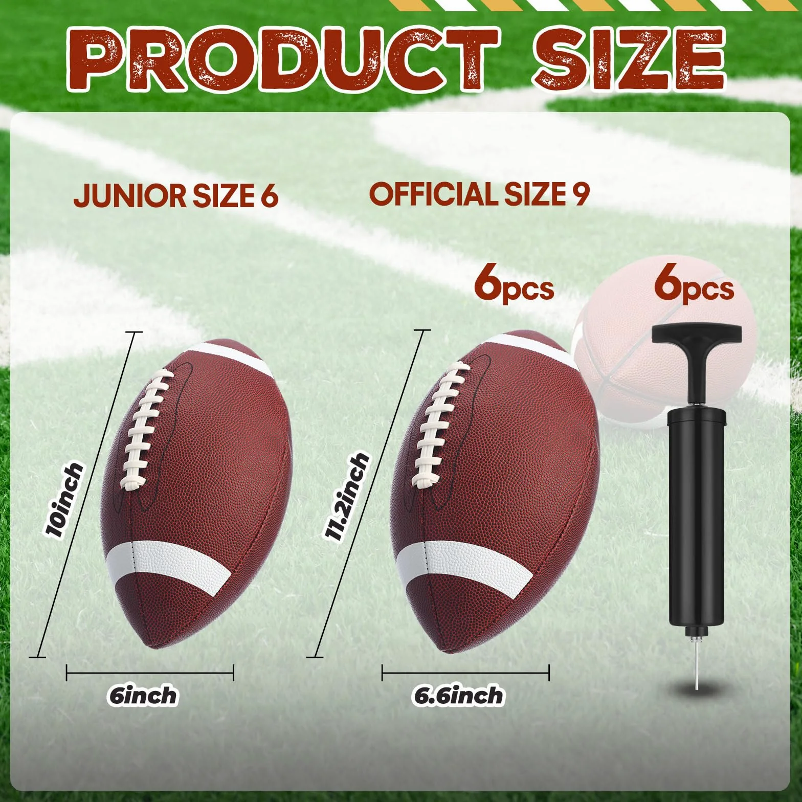 RoundFunny 6 balones de fútbol para jóvenes con 6 bombas de cuero compuesto para niños, jóvenes, adultos, equipo universitario, entrenamiento de escuela secundaria, práctica en interiores y exteriores