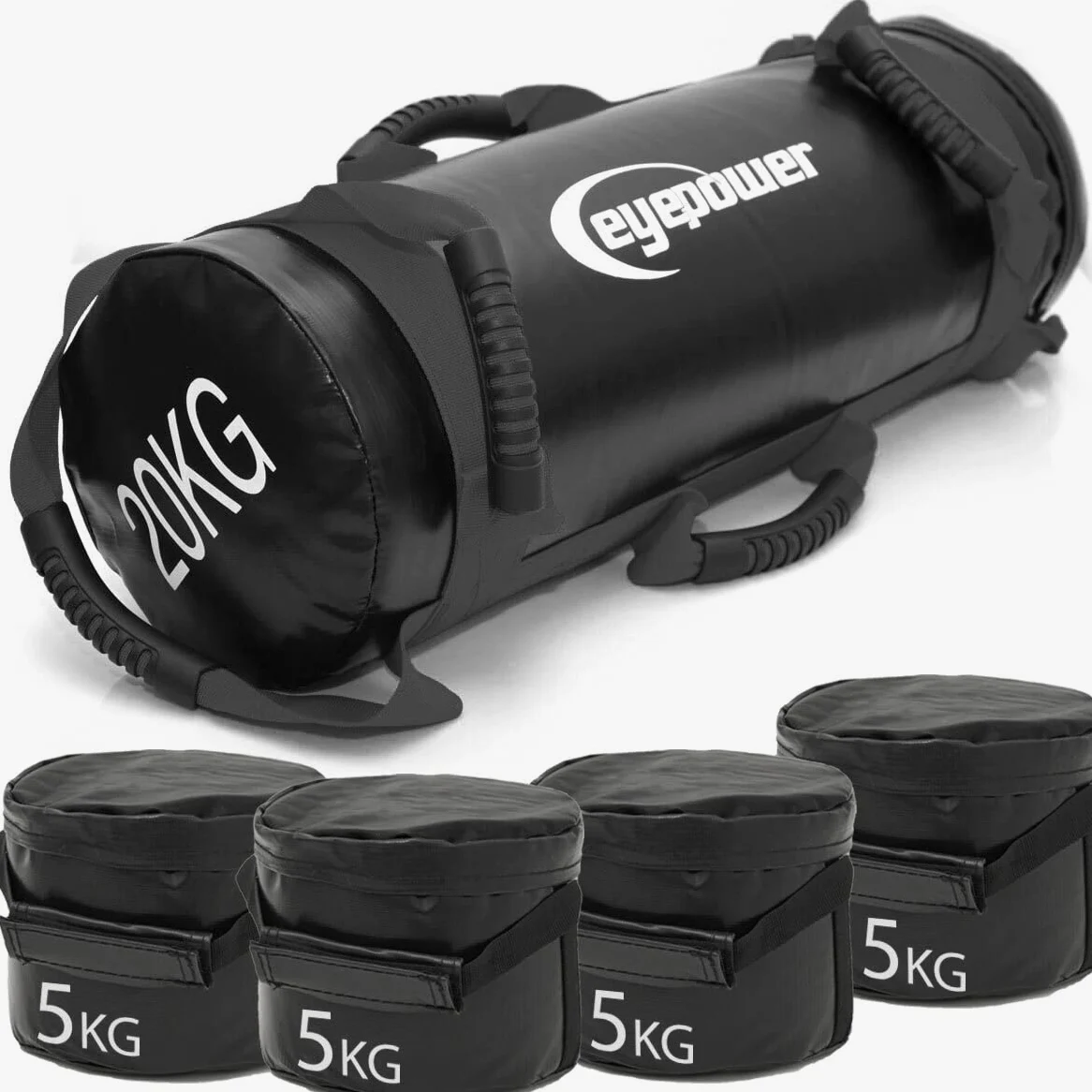 EYEPOWER 20kg Power Bag + 4 Pesi Kettlebell con Sabbia di Ferro - 6 Maniglie Fitness Sandbag per Allenamento Forza - 20x60 Borsa del Peso - Sand Bag per Sport in Casa - Attrezzi Palestra Box Squat