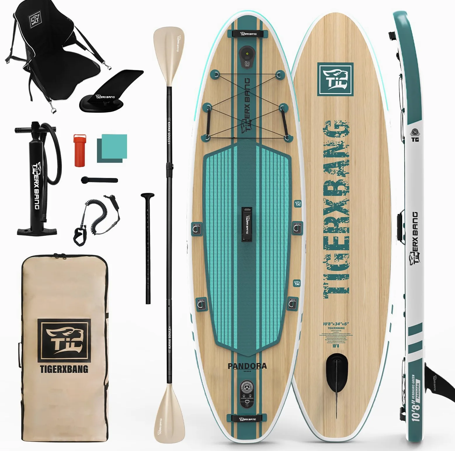 TIGERXBANG Tabla de surf hinchable de 330 x 86 x 15 cm, juego completo para adultos y jóvenes, iSUP extra ancha con juego de accesorios premium, color verde Pandora