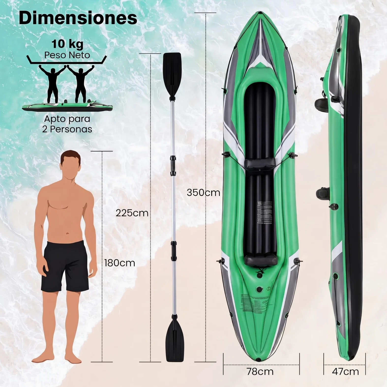 COSTWAY Kayak Hinchable 2 Plazas, Barca Hinchable con Remos de Aluminio, Asientos y Reposapiés Hinchables, Kayak Inflable para 2 Personas con Bomba Manual para Adultos, Carga 160 kg, 350 x 78 x 47 cm