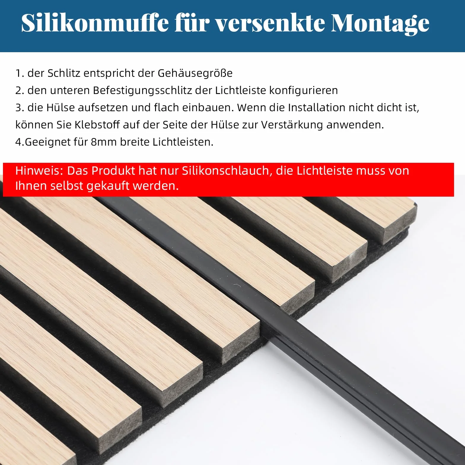 Perfil LED de silicona flexible 5 m 12x12 mm IP65 para paneles acústicos 8 mm iluminación